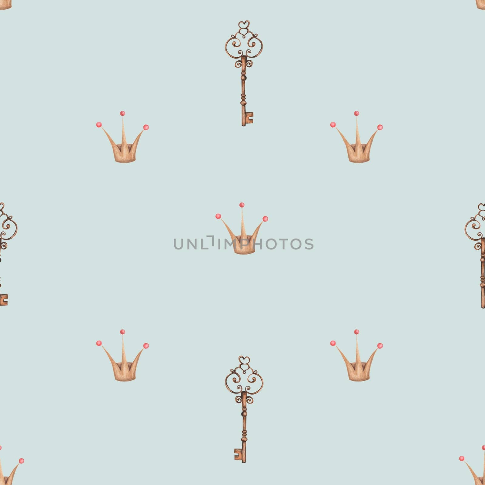 seamless watercolor pattern vintage keys and princess crown. cute beautiful pattern with the image of a key and a crown on a black background for princesses. enjoy. High quality illustration