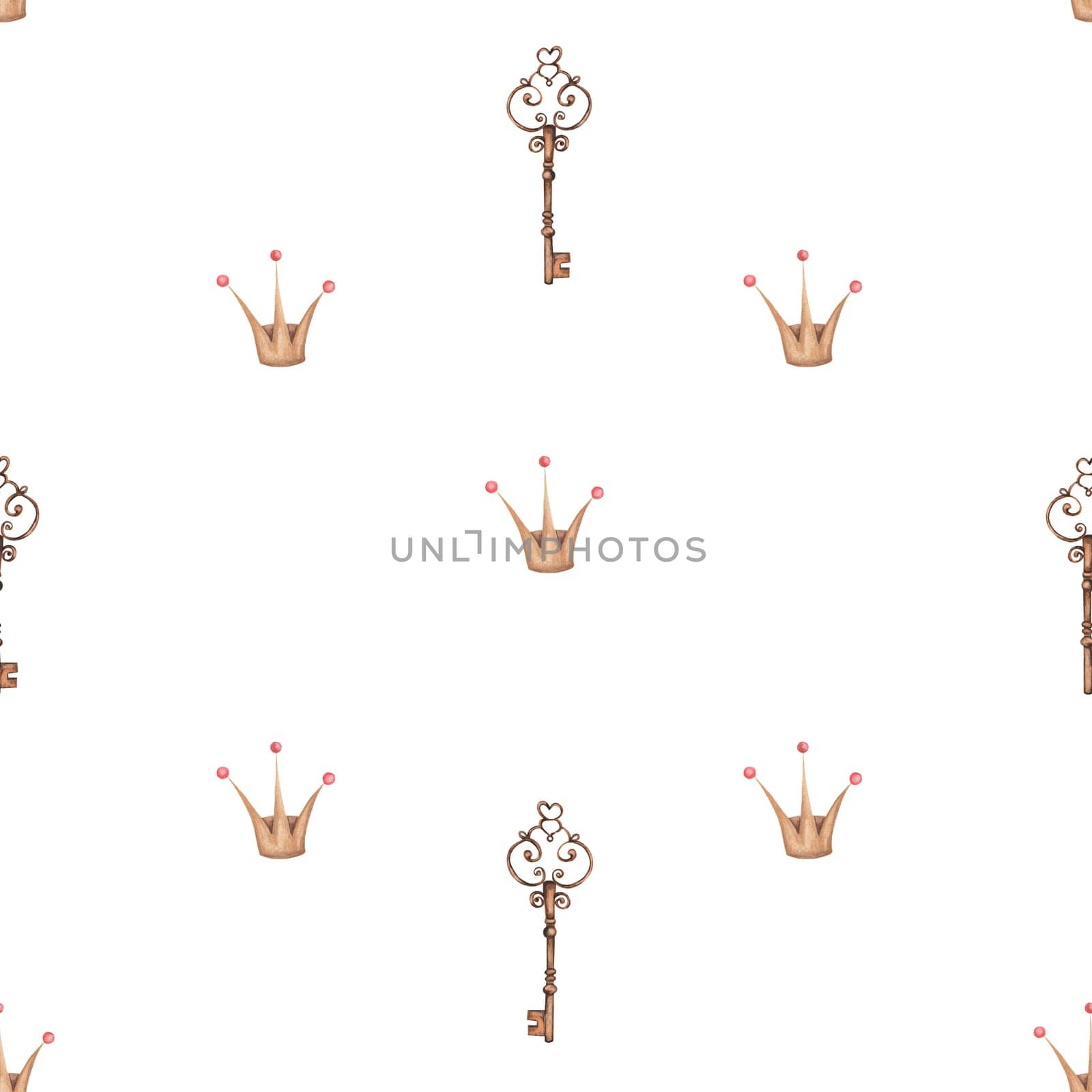 seamless watercolor pattern vintage keys and princess crown. cute beautiful pattern with the image of a key and a crown on a black background for princesses. enjoy. High quality illustration
