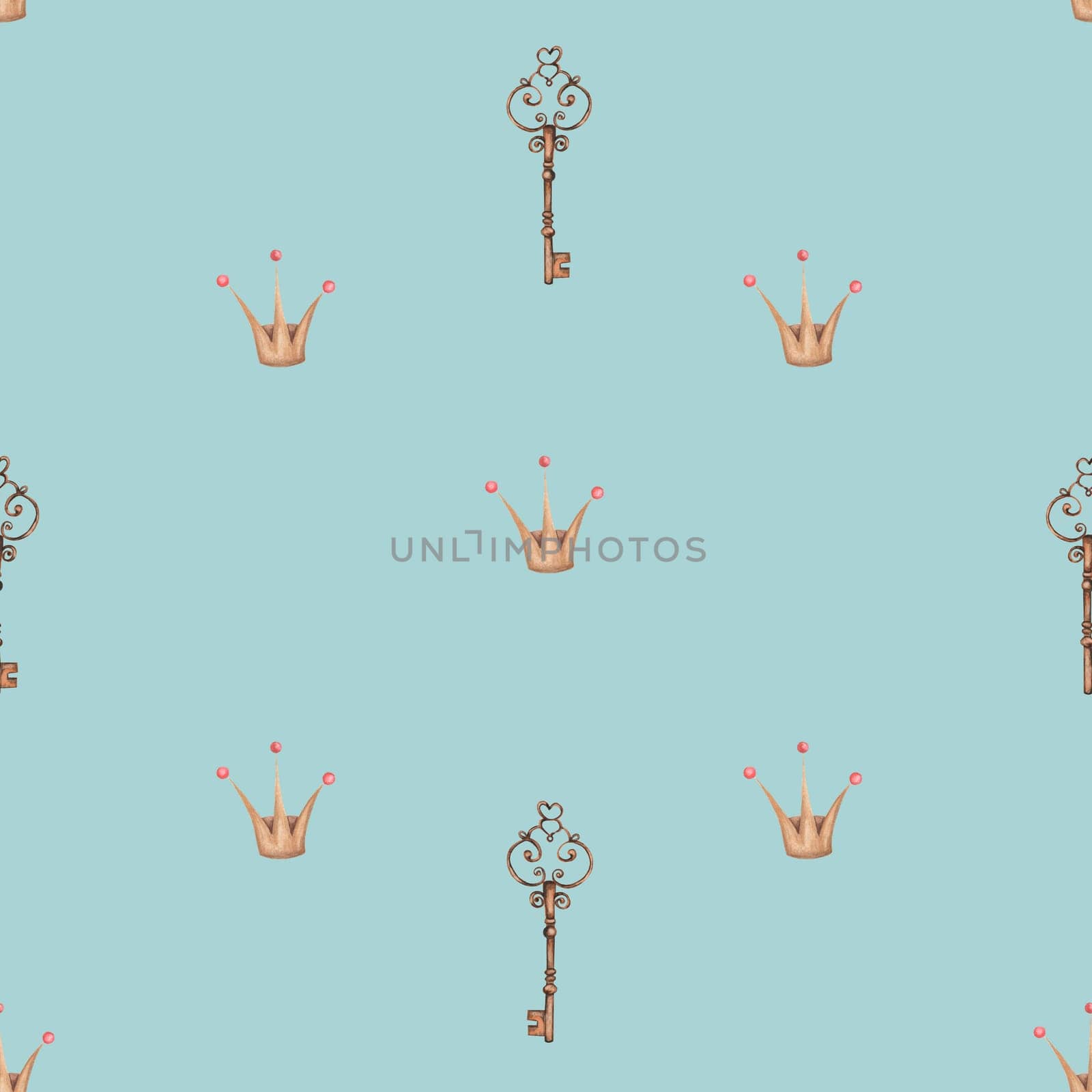 seamless watercolor pattern vintage keys and princess crown. cute beautiful pattern with the image of a key and a crown on a background for princesses. enjoy. High quality illustration