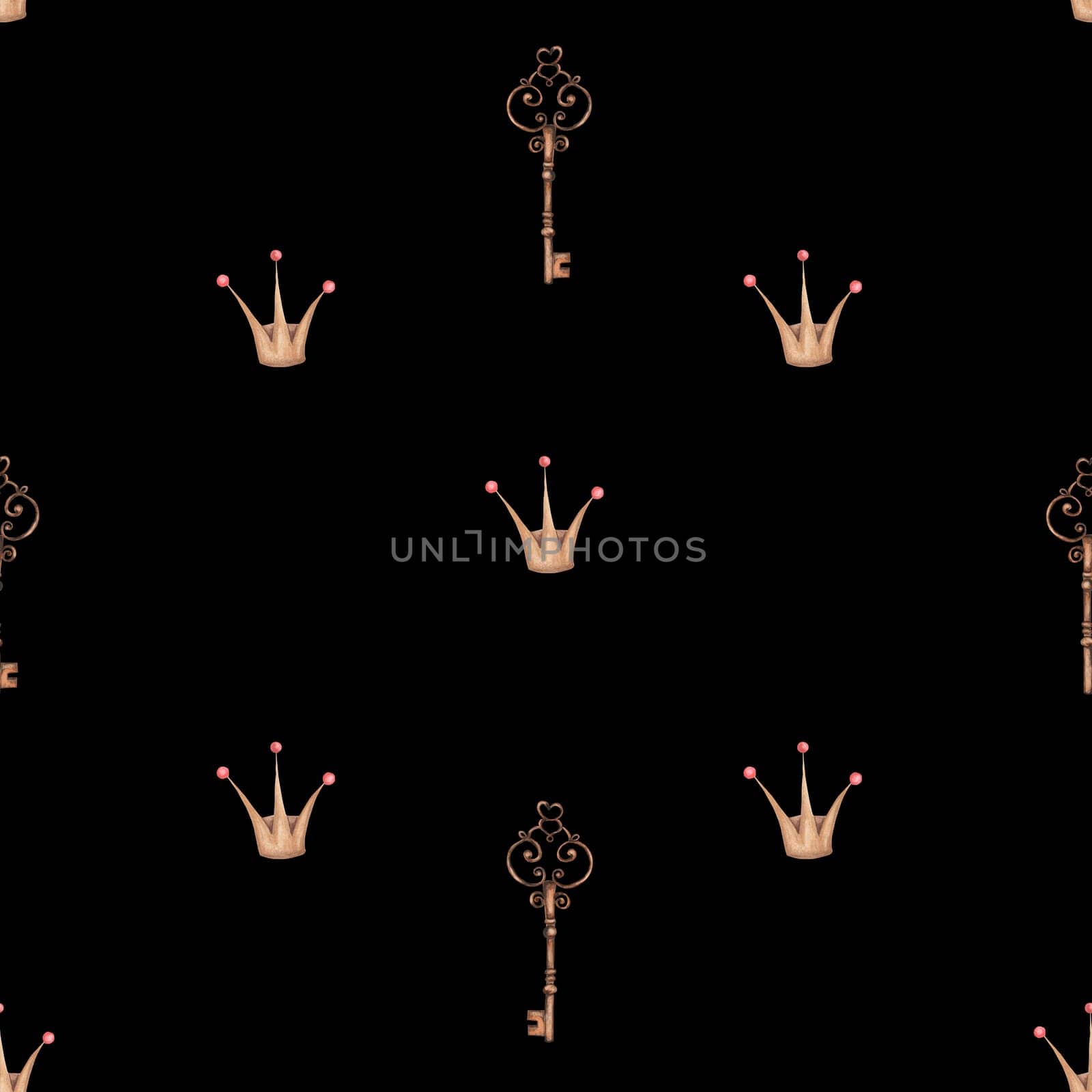 seamless watercolor pattern vintage keys and princess crown. cute beautiful pattern with the image of a key and a crown on a black background for princesses. enjoy. High quality illustration