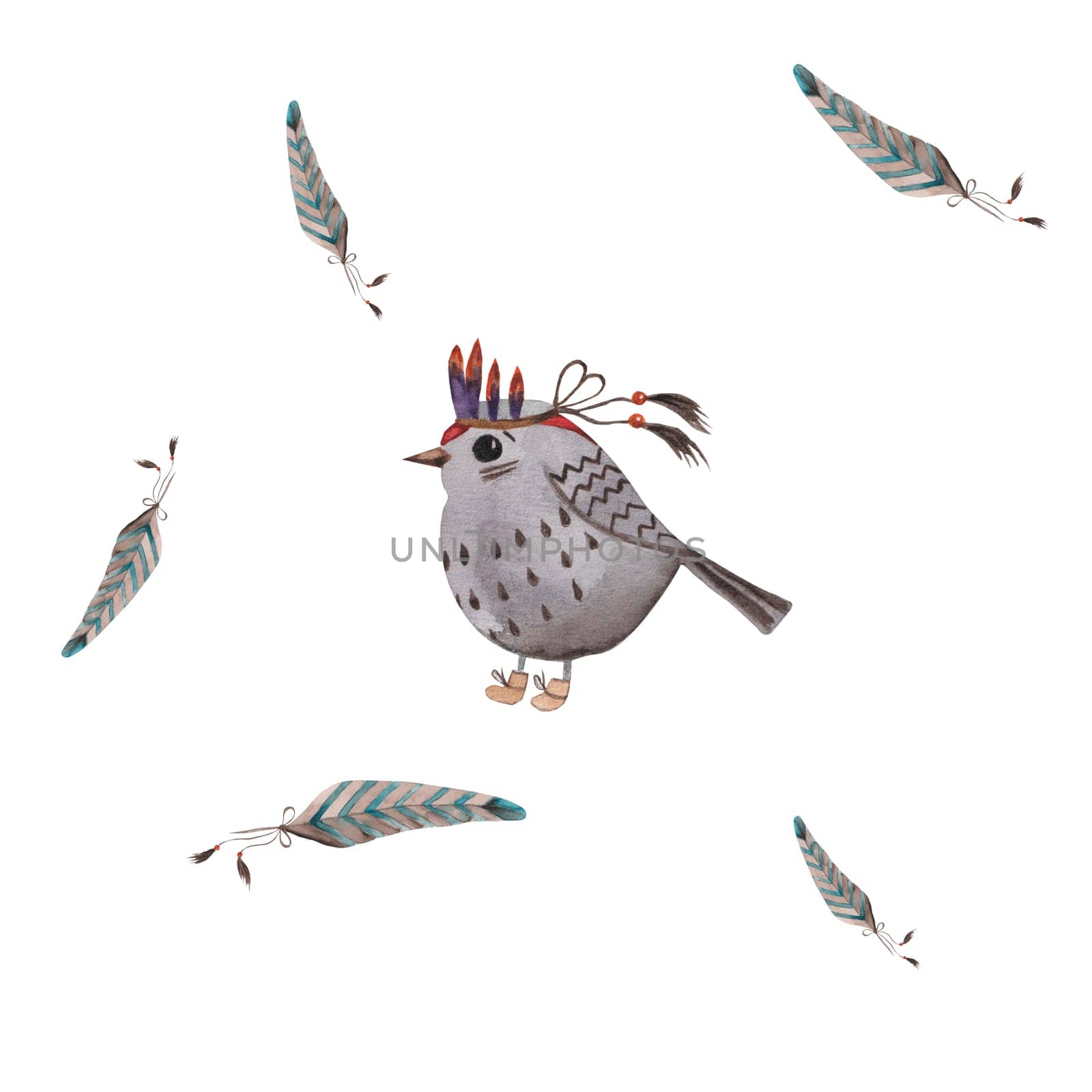 Watercolor Tribal Bird Feather Seamless Pattern Ethnic Print for Fabric Baby Clothes Wallpaper Packaging. beautiful cute birds.High Quality