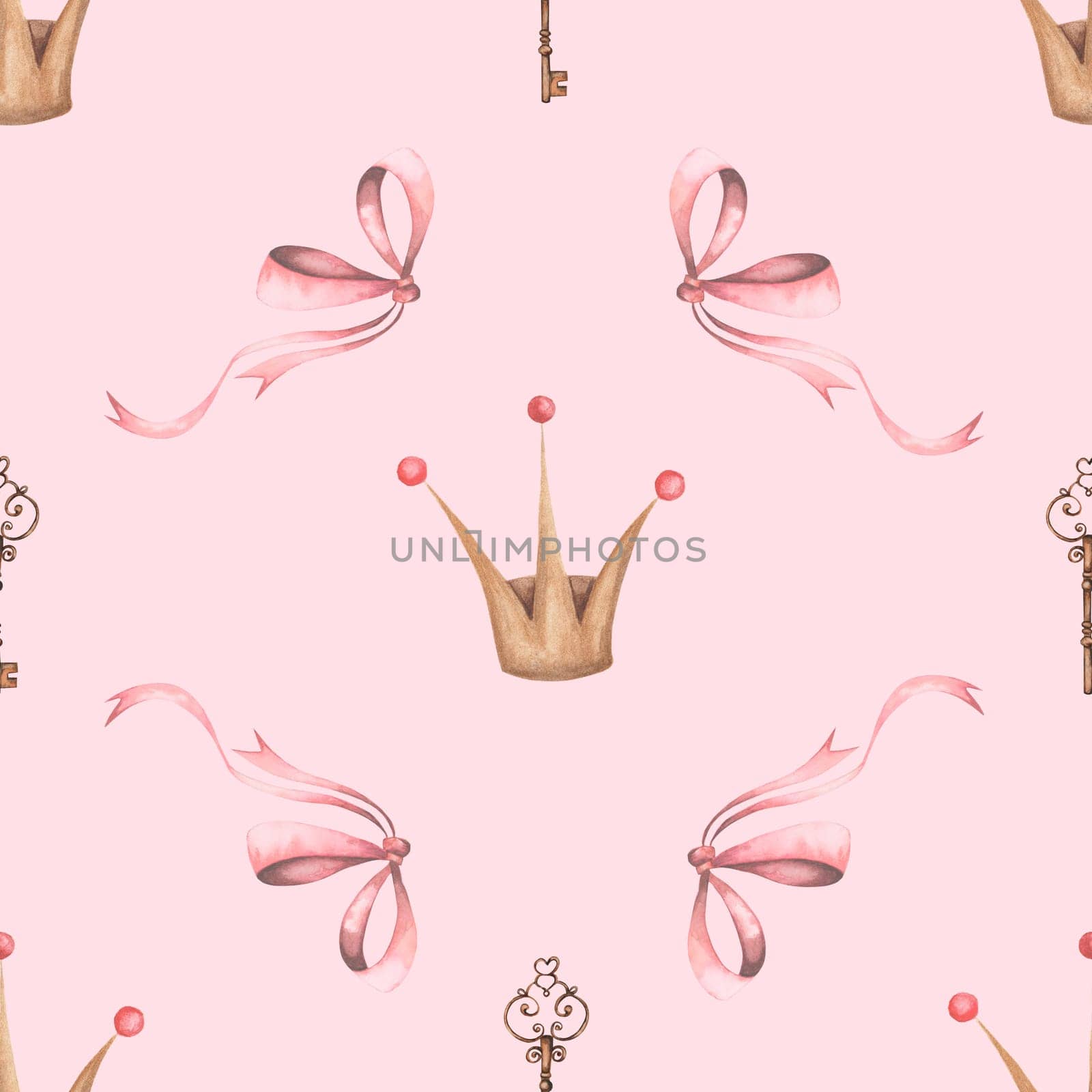seamless watercolor pattern with crown, key and bow. cute pattern for princesses. textiles for little babies on a pink background. enjoy. High quality photo
