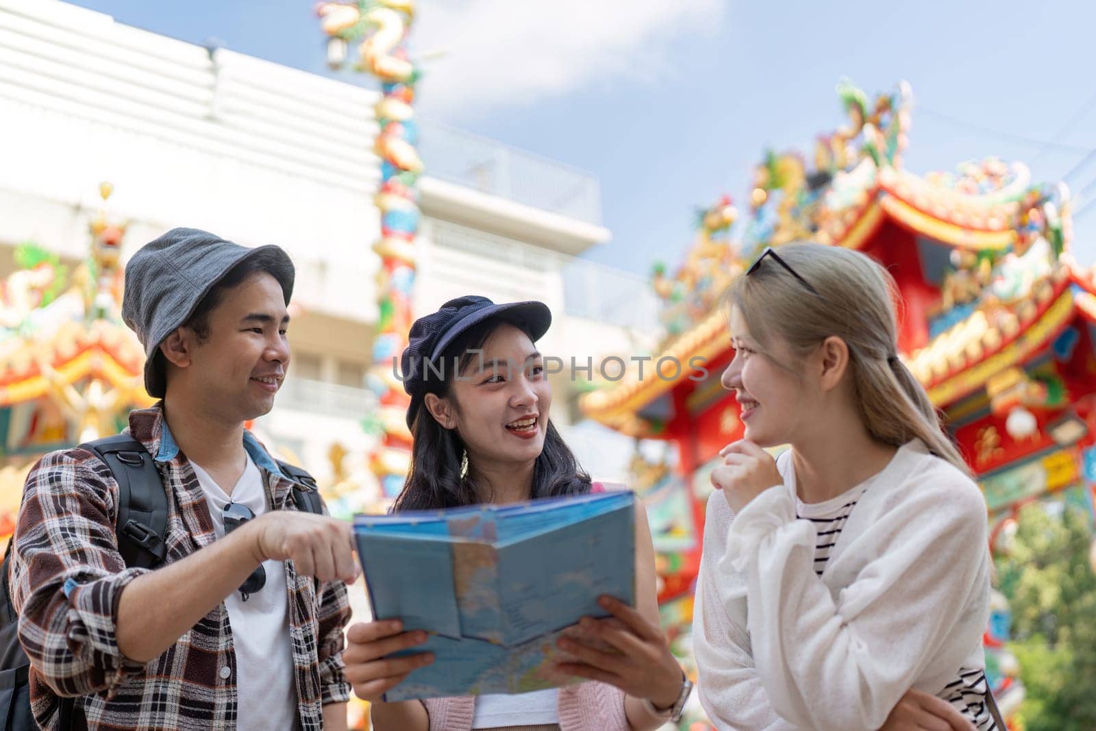 Three friends discover a colorful cultural destination sharing joy and adventure while together.