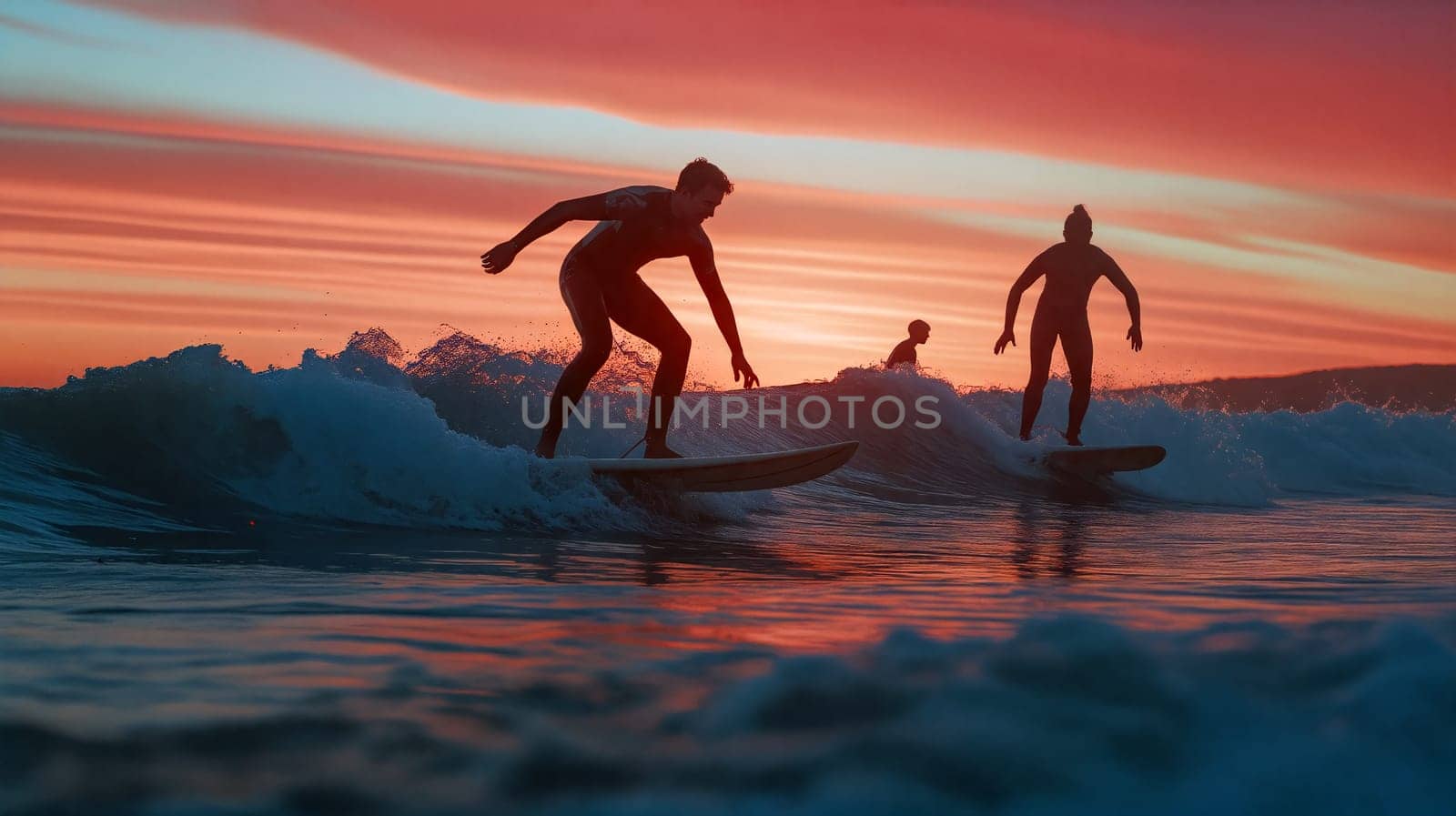 Three surfers catch waves against a vibrant sunset backdrop, showcasing their skills while enjoying a warm summer evening at the beach - Generative AI