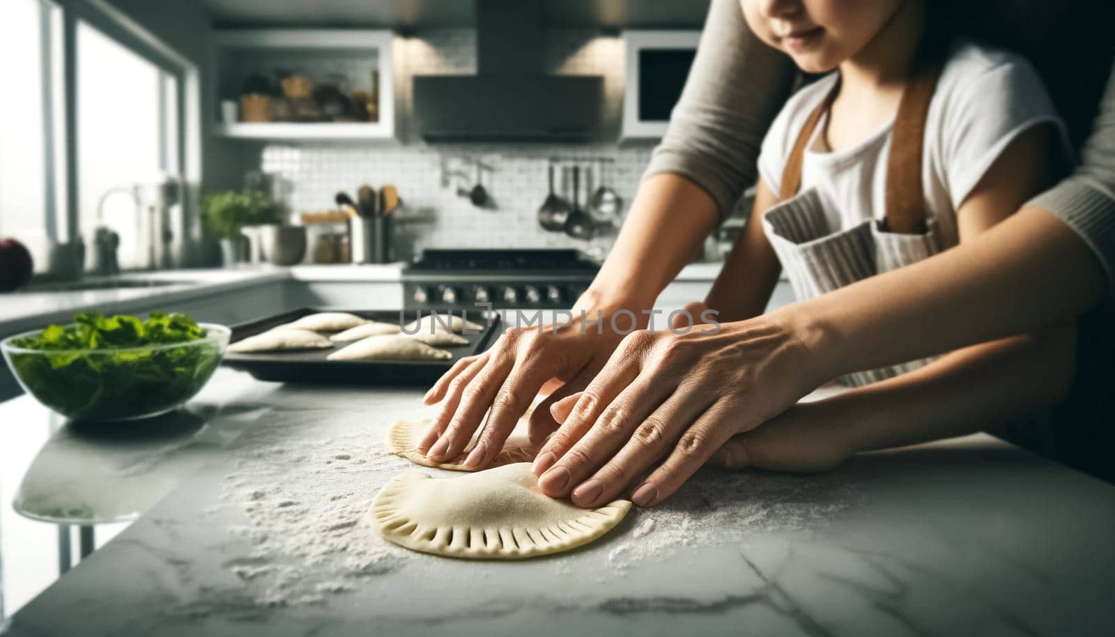 An extreme close-up captures the hands of a mother and her young daughter as they meticulously prepare empanadas, highlighting the beauty and detail of their culinary collaboration in a modern kitchen setting.