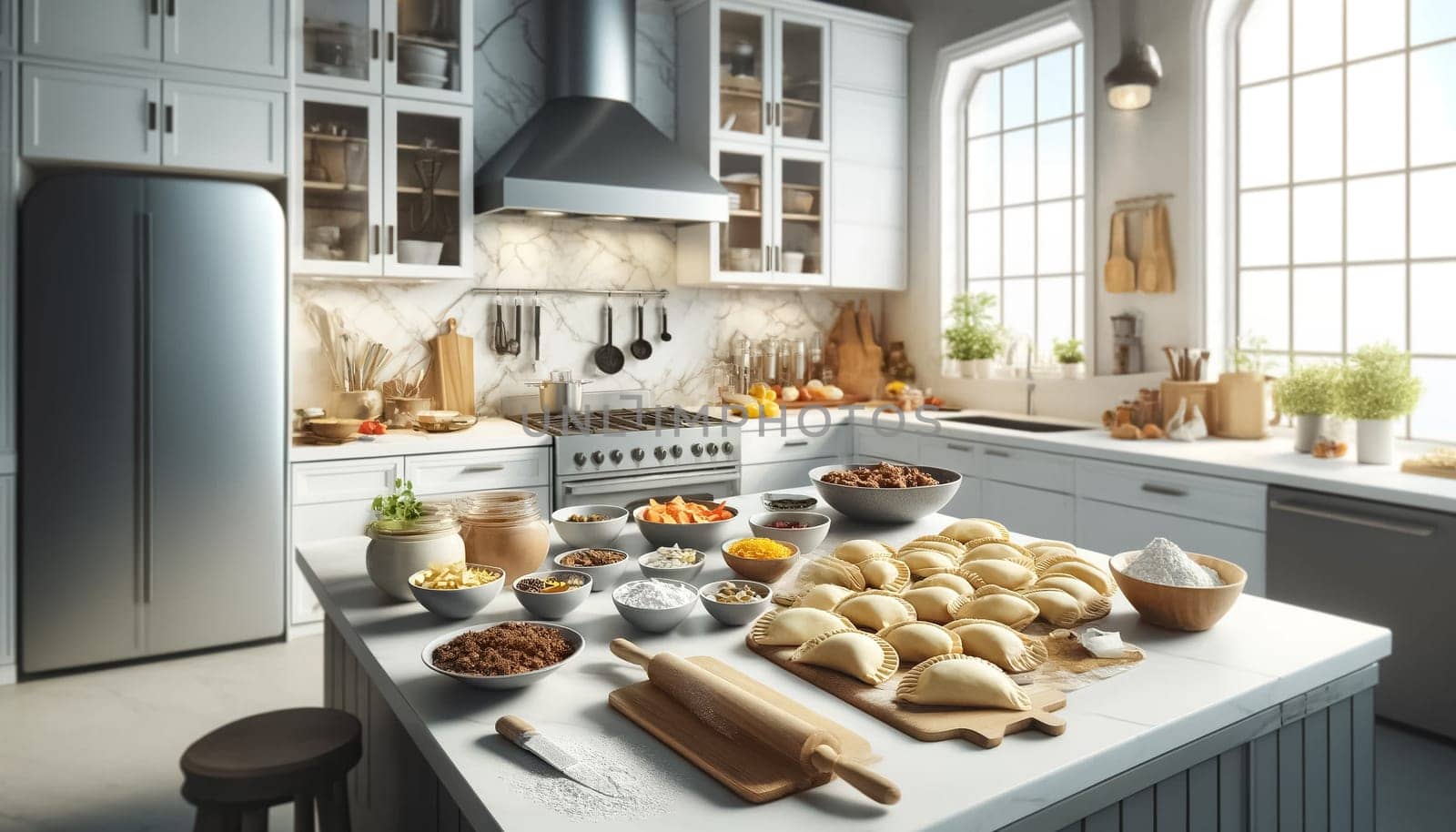 This slightly elevated view captures an unattended modern kitchen counter filled with ingredients for making empanadas, highlighting the sleek and clean design of the culinary space.