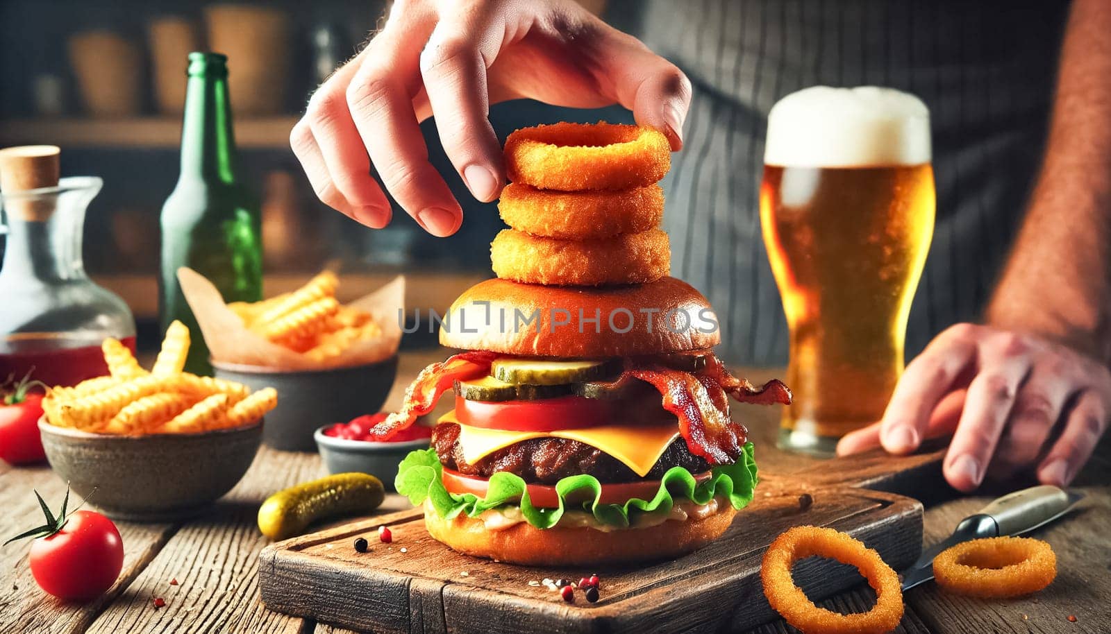A detailed close-up of a hand carefully assembling a gourmet burger, featuring layers of fresh ingredients like crispy onion rings, bacon, lettuce, tomato, and melted cheese. The scene is set on a rustic table with a cold beer slightly out of focus in the background.