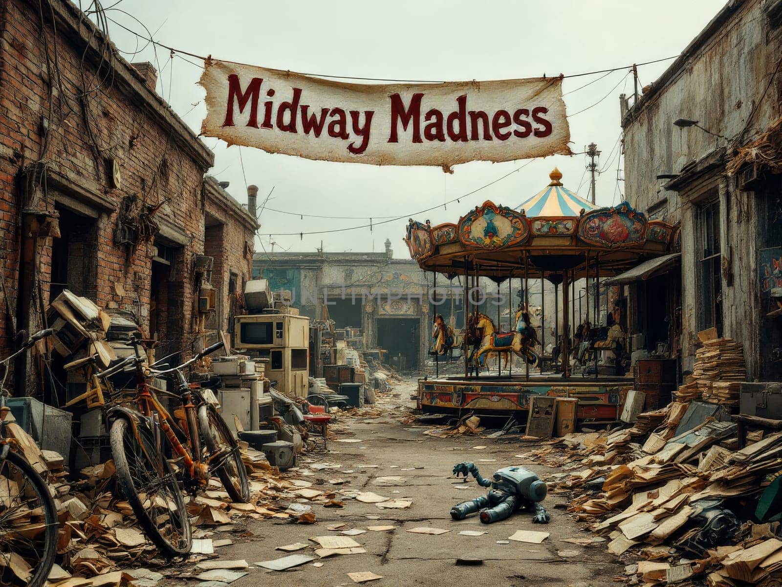 Desolate post-apocalyptic street scene featuring a weathered carousel, piles of debris, and a broken robot, evoking a sense of eerie abandonment and decay. Ai generated