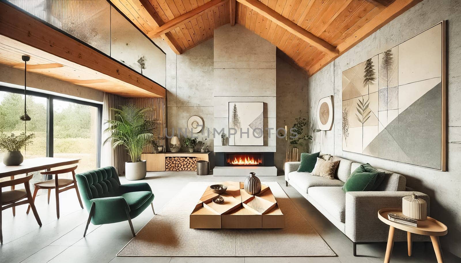These modern living rooms exude warmth and elegance, featuring light gray sectional sofas, green velvet armchairs, and geometric wooden coffee tables. The sleek fireplaces are integrated into stone walls, complemented by wooden ceiling beams and large windows that fill the space with natural light. Minimalistic decor, green plants, and modern art enhance the serene atmosphere.