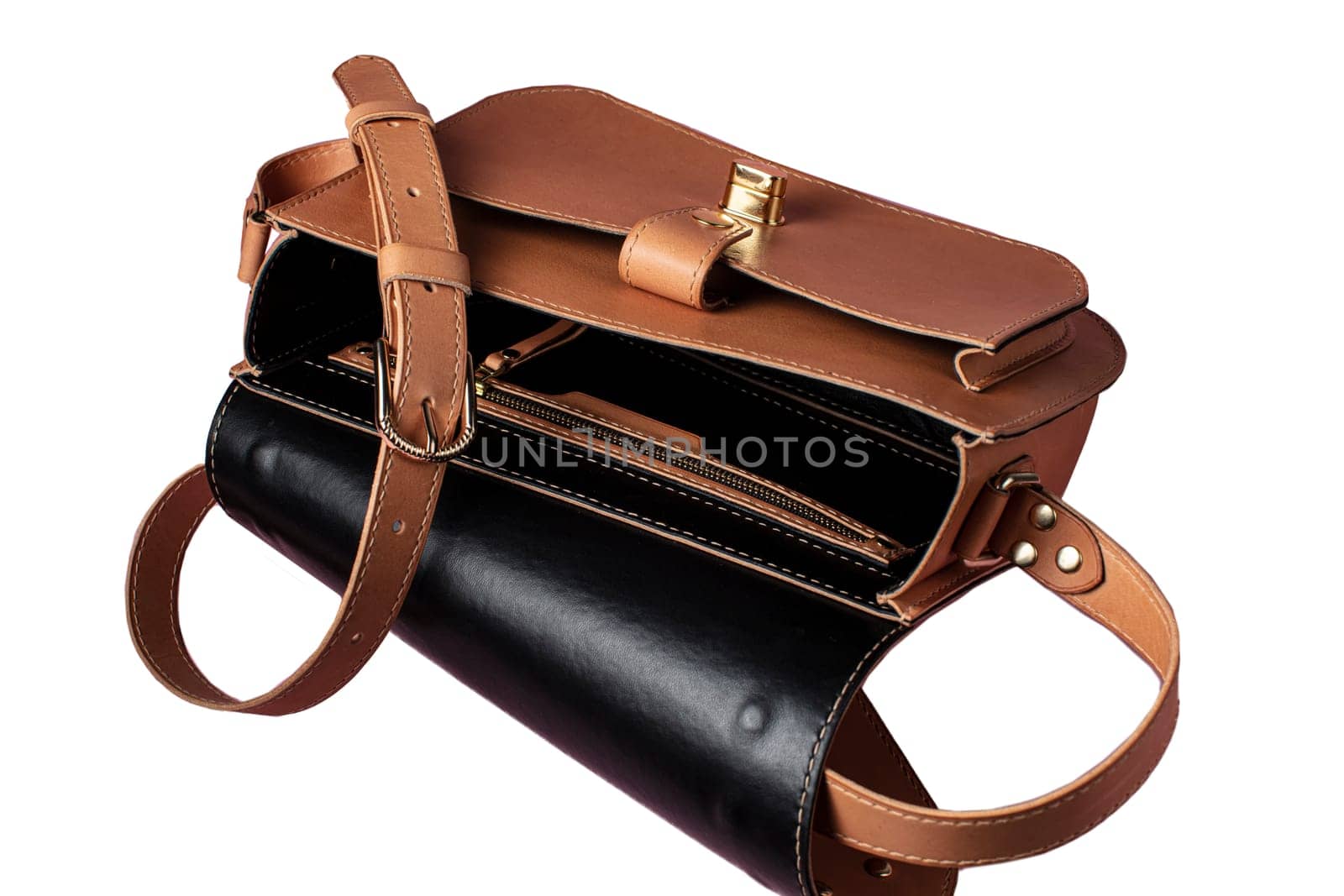 Brown briefcase bag made of genuine leather on a white background.