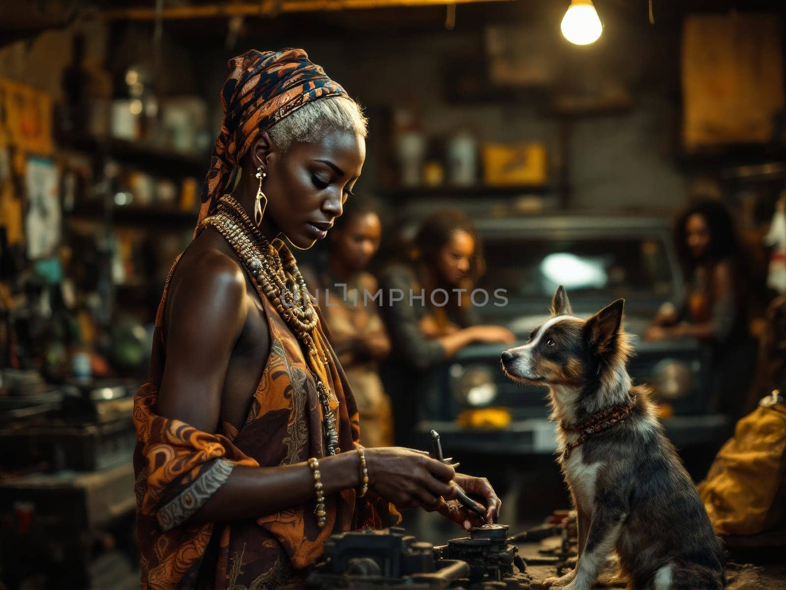 Stylish young black woman in traditional African clothes assembling an engine part in a garage with her border collie nearby. Ai generated