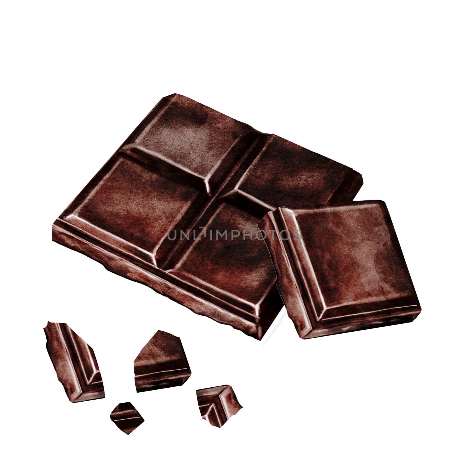 Chocolate bar watercolor composition. Hand drawn pieces of dark chocolate bar on isolated white background. Clip art of sweet dessert. Ideal for logo and packaging of sweets, coffee shop menu and recipes. High quality illustration