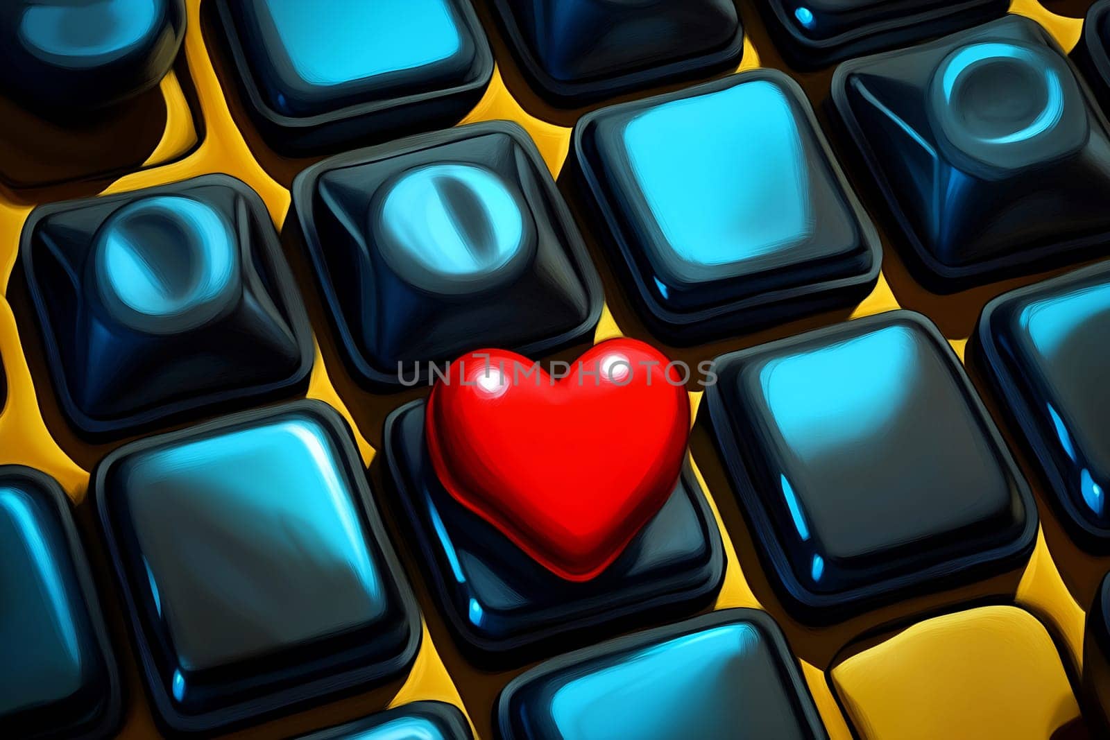 A vibrant red heart sits prominently on black and blue keyboard keys, representing affection and digital connection.