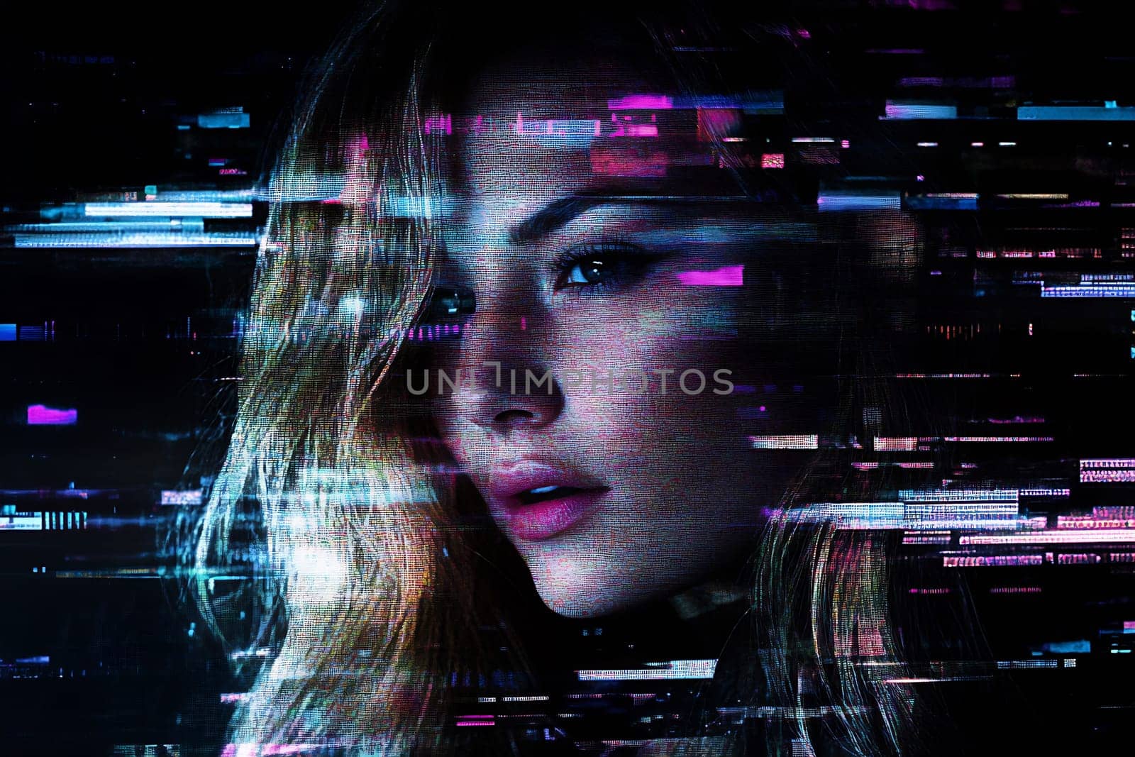 A woman with long hair is illuminated against a backdrop of vibrant digital glitches and effects, creating a futuristic ambiance.