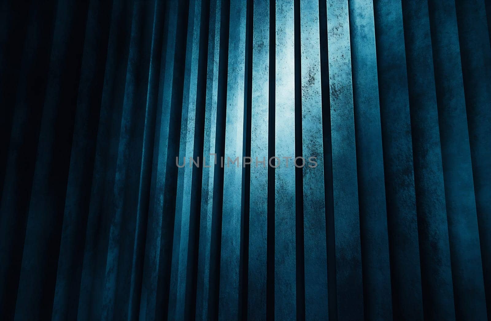 Vertical lines create an intriguing pattern illuminated by soft blue light, casting shadows and enhancing the textured surface.