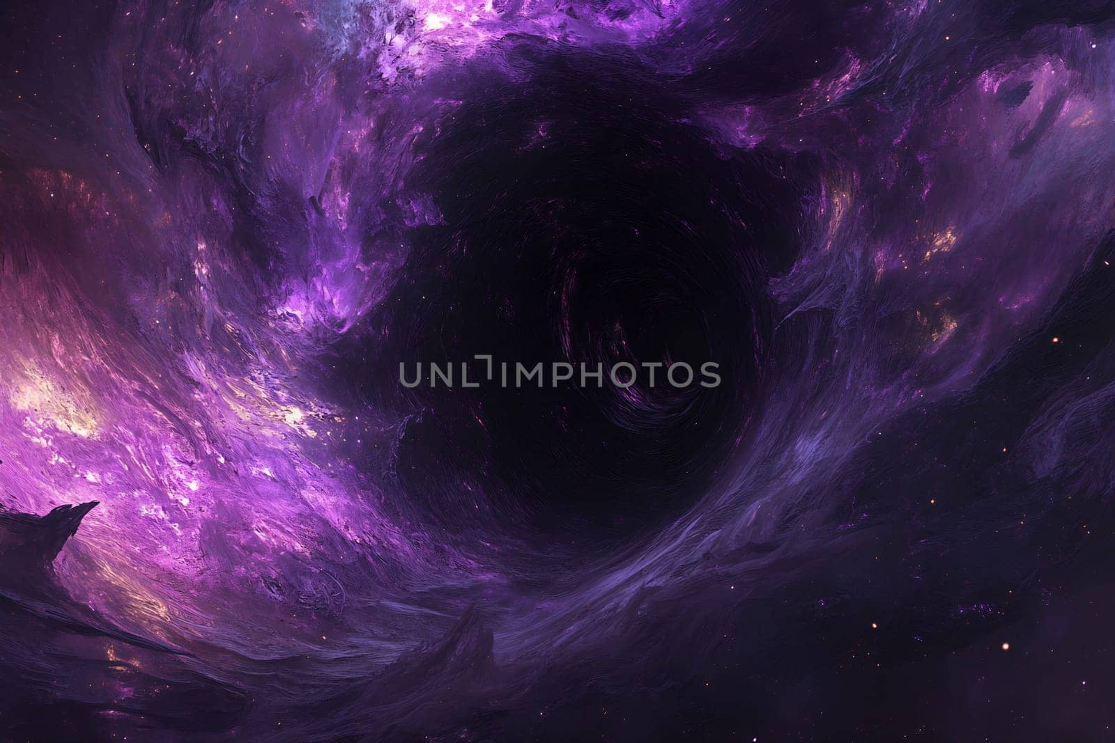 An expansive view of swirling purple cosmic clouds filled with stars, creating a surreal and celestial atmosphere in space.
