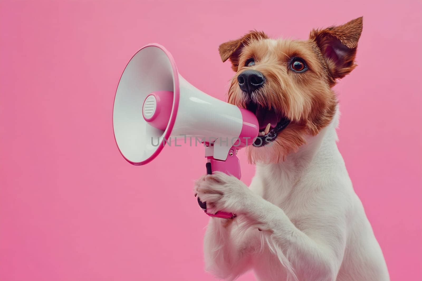 A dog excitedly holds a pink megaphone against a vibrant pink background, capturing attention with its playful demeanor.