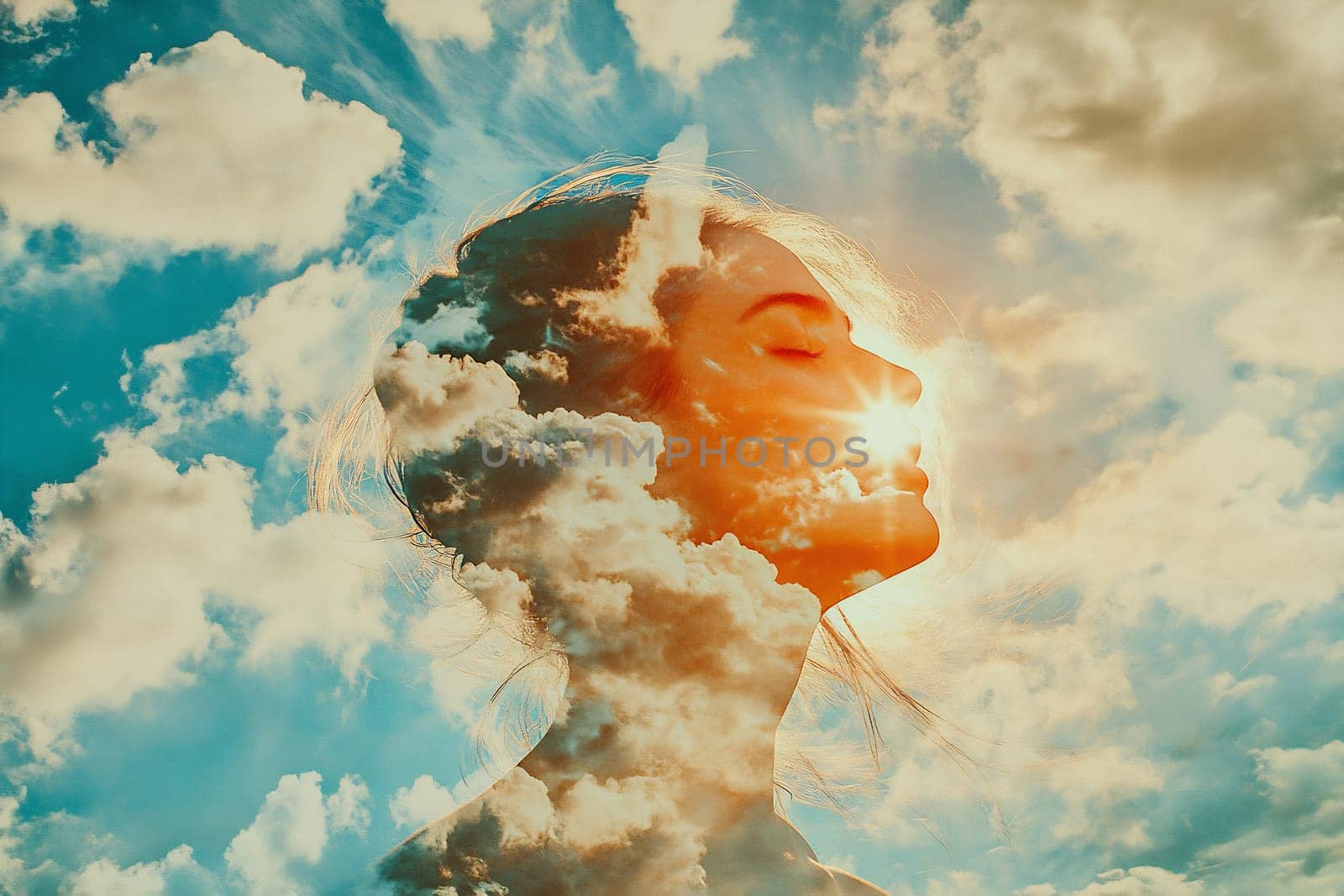 A woman stands peacefully with her eyes closed, illuminated by sunlight and surrounded by vibrant clouds against a blue sky.