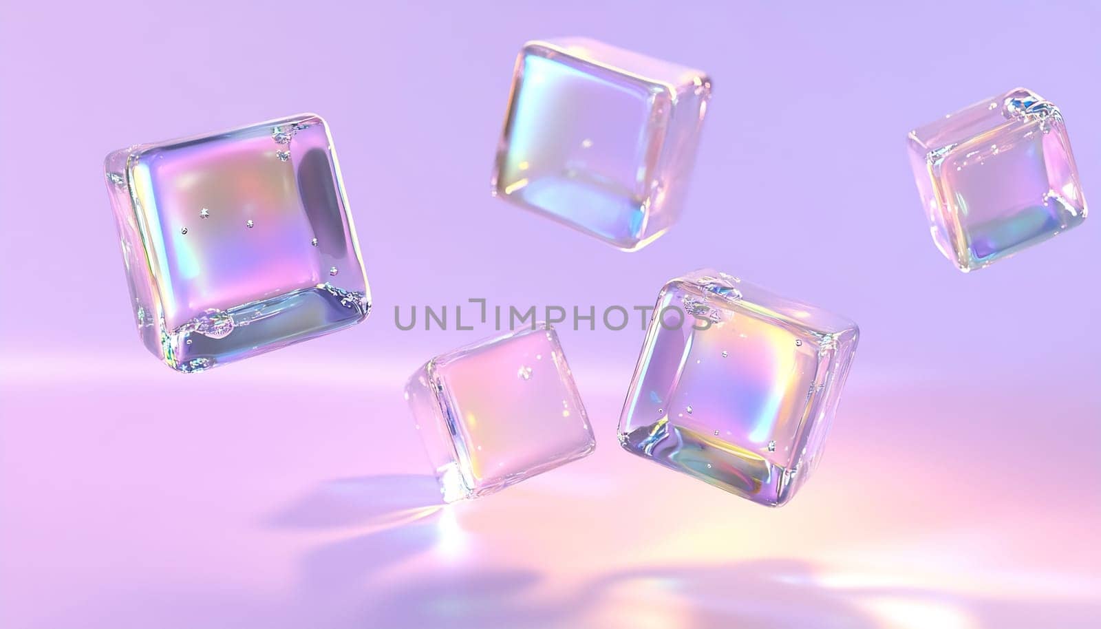 Clear ice cubes float gracefully in a soft light background, creating a captivating display of colors and reflections.