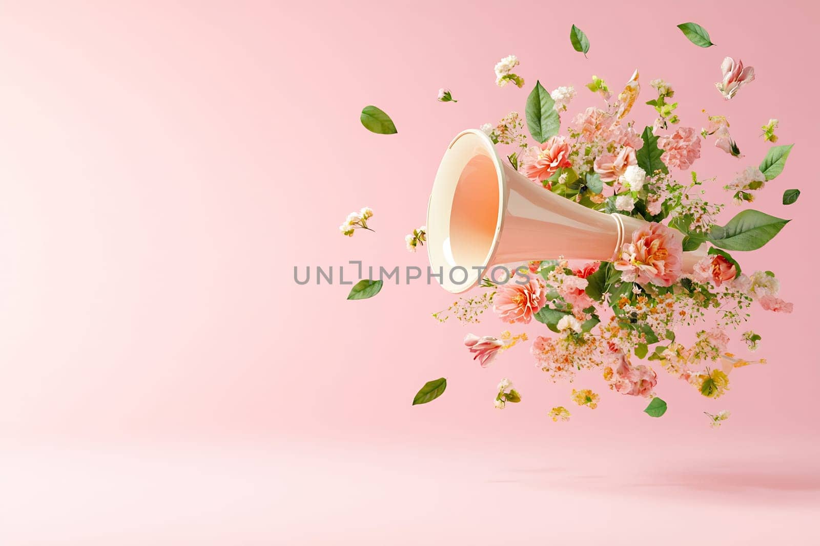 A vintage megaphone emits a burst of colorful flowers and leaves against a soft pink background, creating a vibrant display of nature.