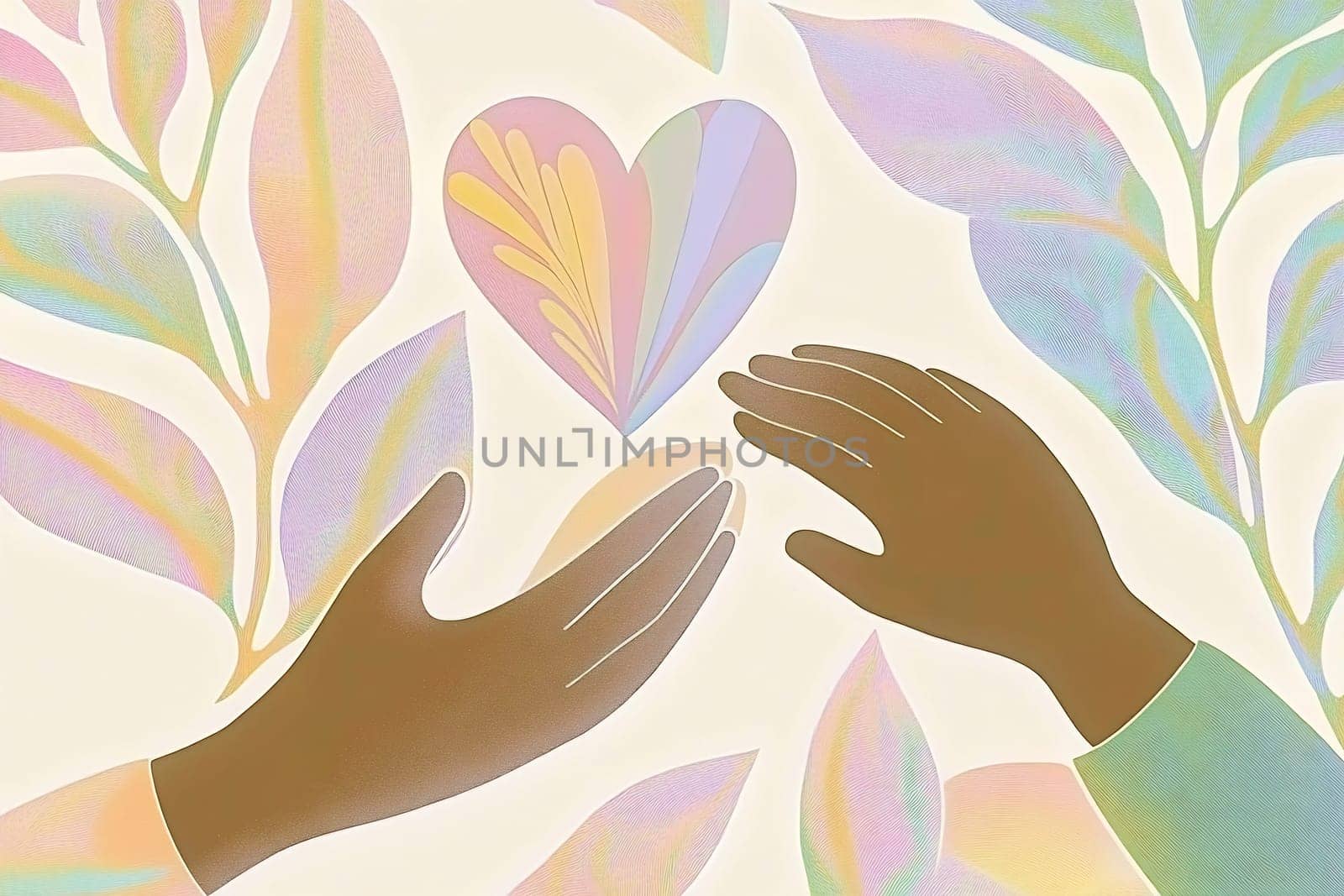 Two hands extend towards a colorful heart surrounded by soft foliage, conveying a sense of connection and warmth in a gentle atmosphere.