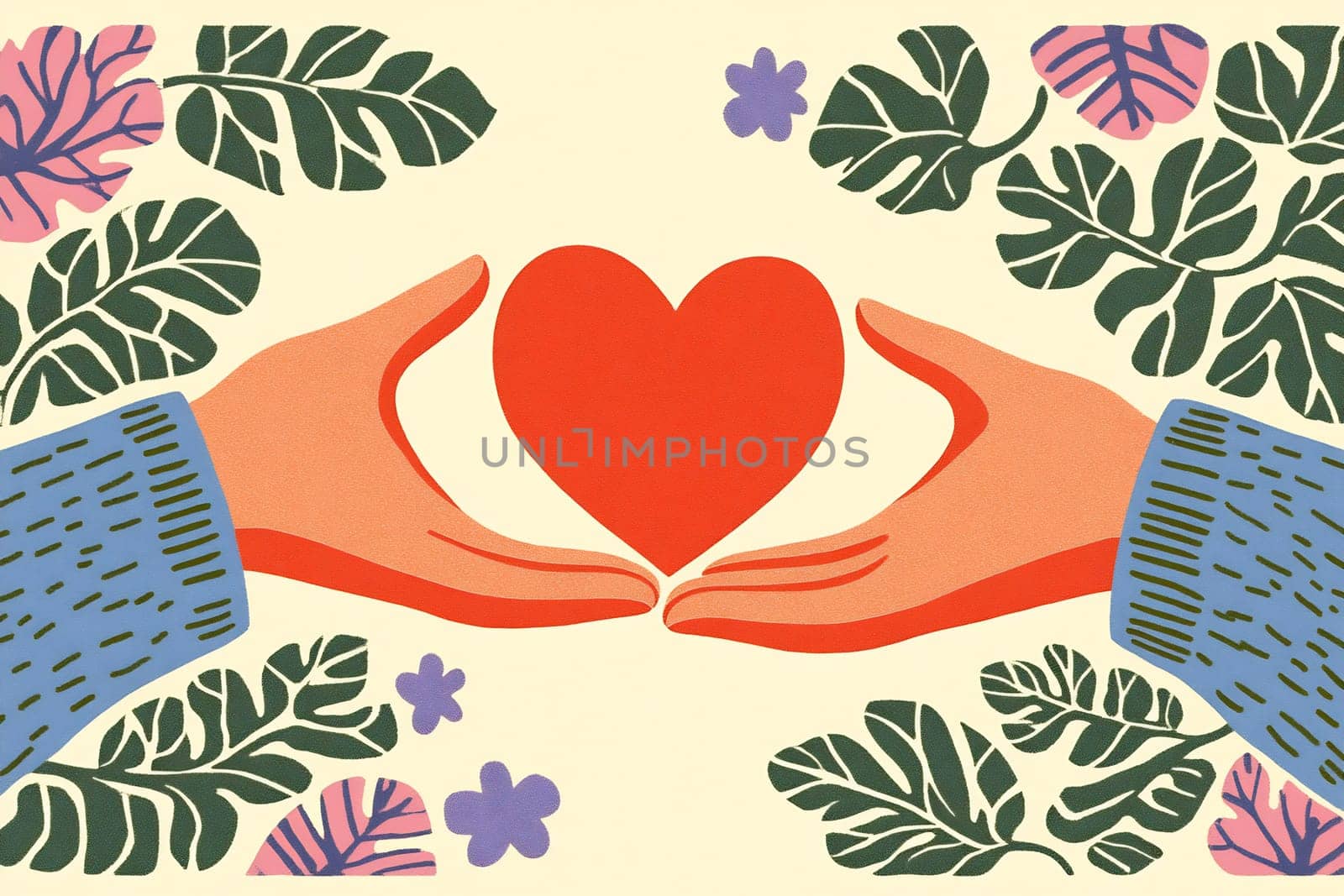 Two hands cradle a red heart, surrounded by colorful leaves and flowers, symbolizing love and care in a vibrant setting.
