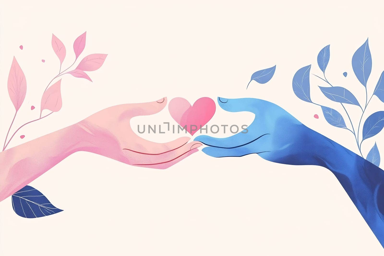 Two hands, one pink and one blue, delicately exchange a pink heart surrounded by colorful leaves, symbolizing connection and affection.