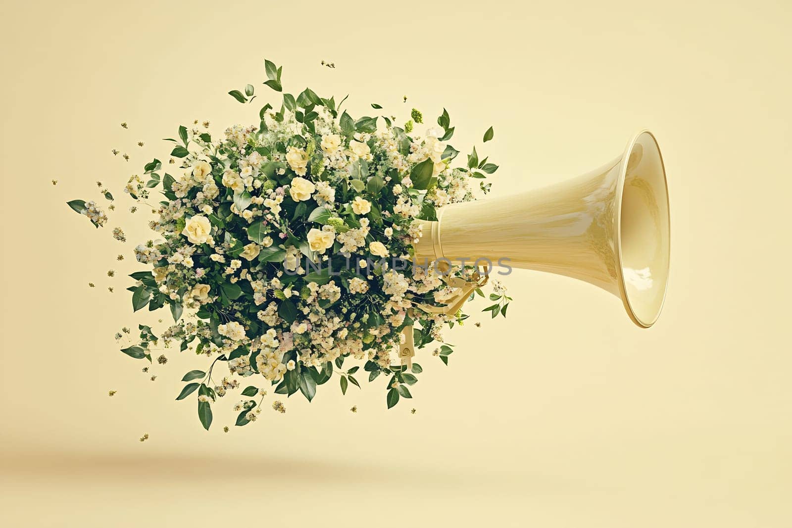 A vintage horn speaker transforms into a vibrant bouquet, releasing colorful flowers and green leaves into the air, showcasing creativity.