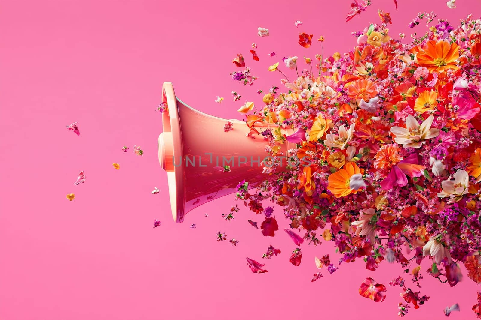 Colorful flowers and butterflies burst out from a pink cone against a vivid pink background, creating a lively and joyful atmosphere.
