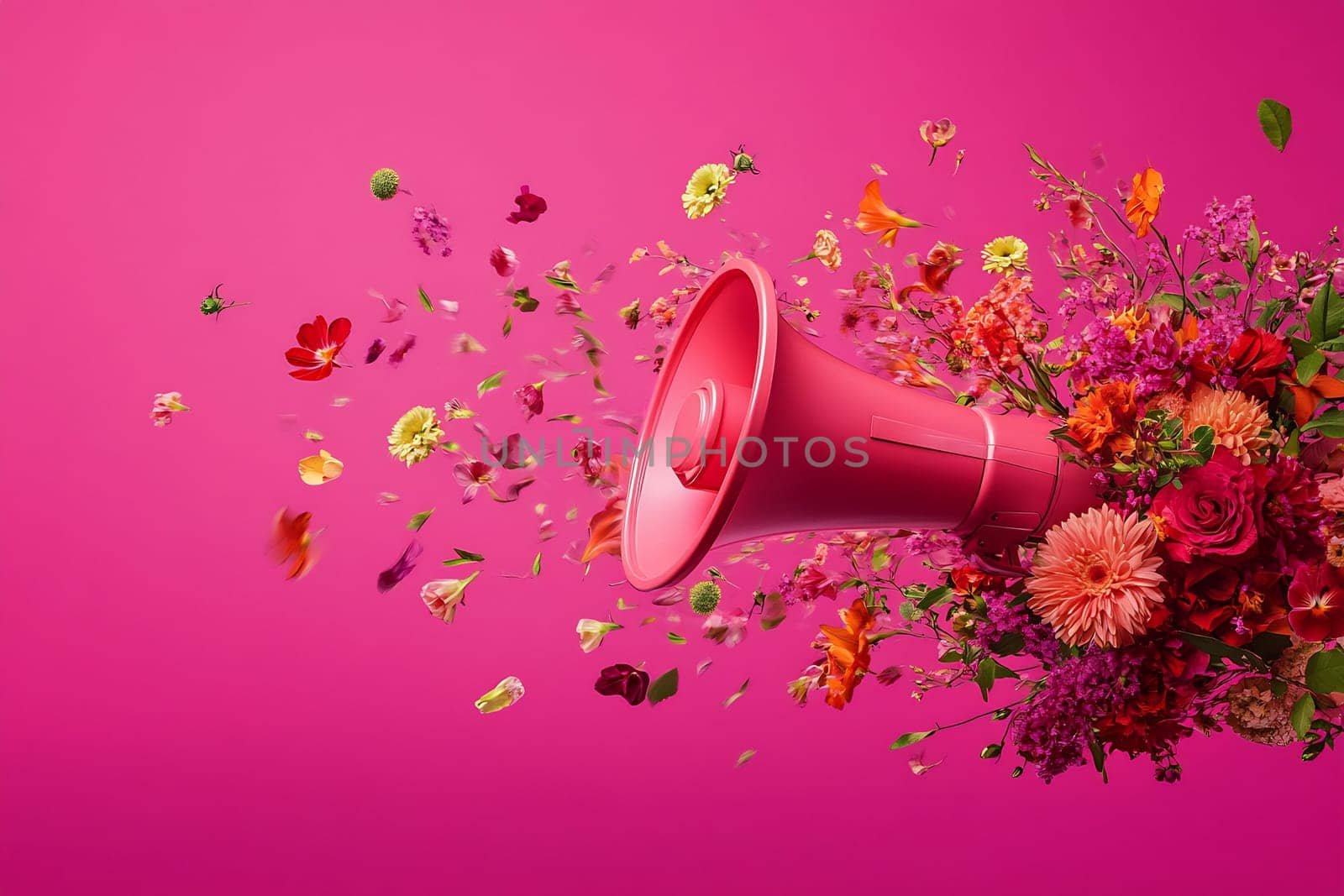 Colorful flowers burst out of a pink megaphone against a vibrant pink backdrop, showcasing a blend of nature and creativity.