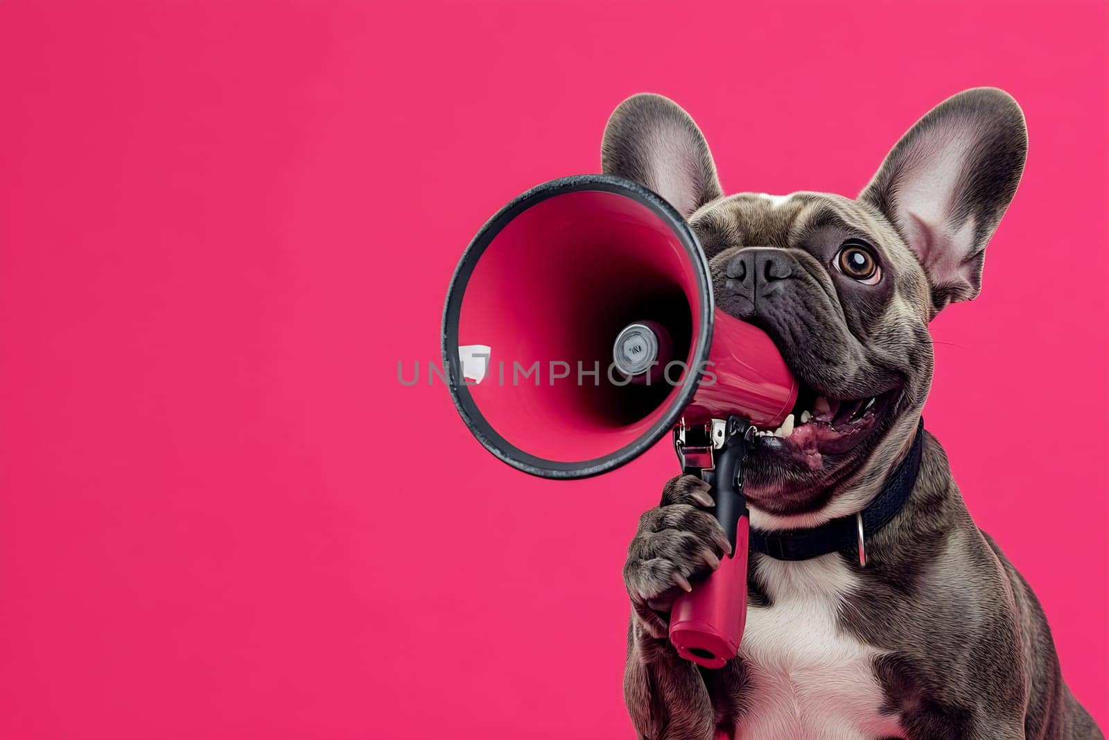 A playful dog holds a megaphone, expressing excitement against a vibrant pink backdrop. The atmosphere is lively and energetic.