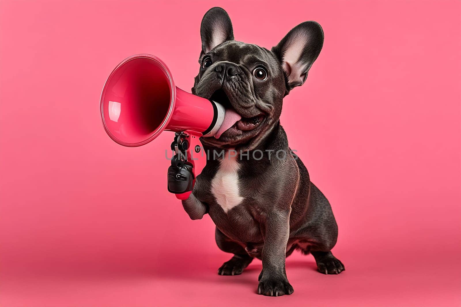 A playful French bulldog holds a red megaphone, standing confidently against a vibrant pink background, exuding charm and energy.