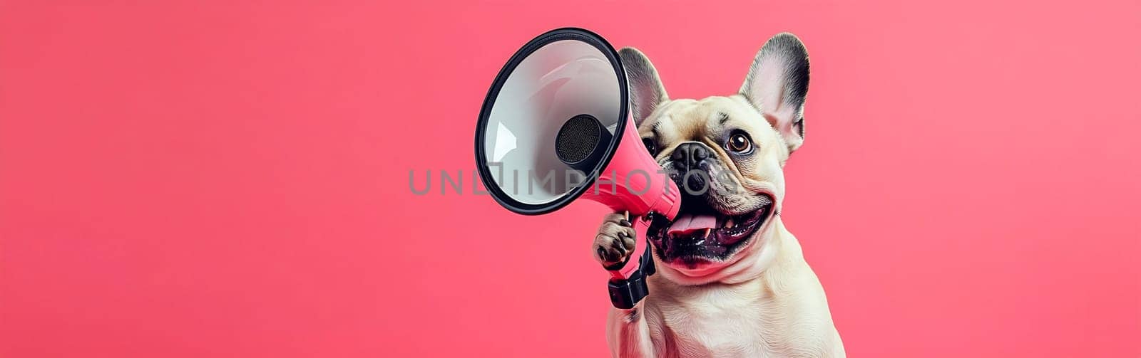 A cheerful dog holds a megaphone, expressing excitement against a vibrant pink background. The playful vibe radiates joy and enthusiasm.