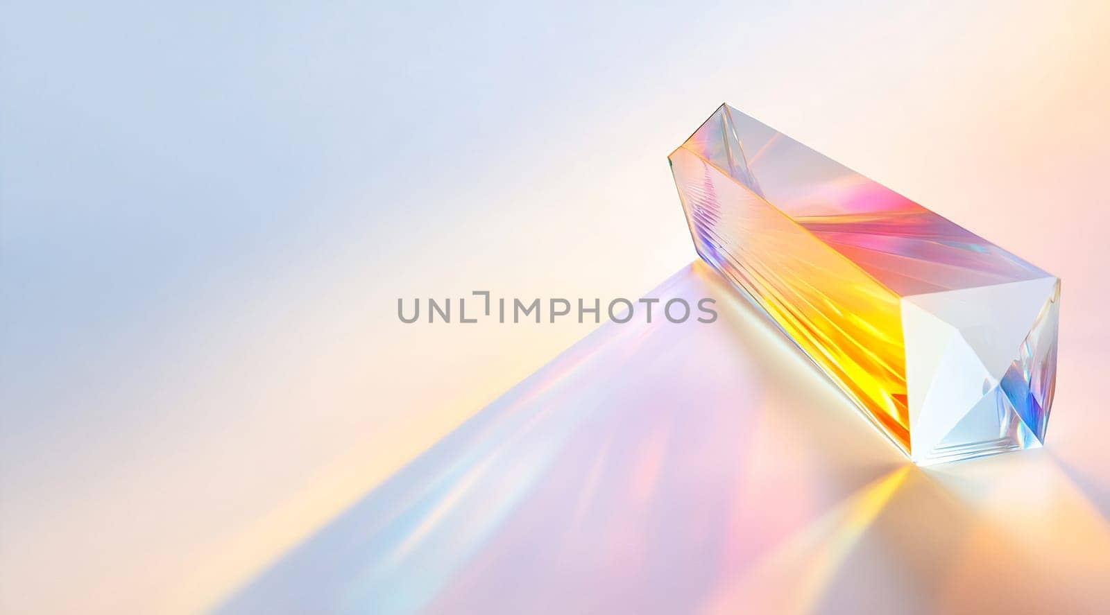 A prism rests on a surface, refracting light into vibrant colors and creating a beautiful spectrum across the area.