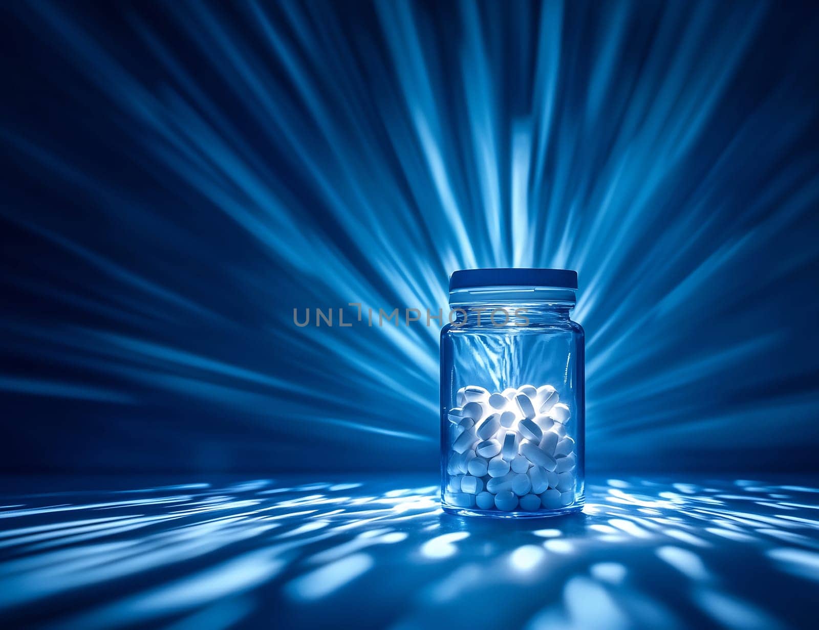 A glass jar filled with pills glows under blue lights, creating an ethereal and captivating atmosphere in a dark setting.