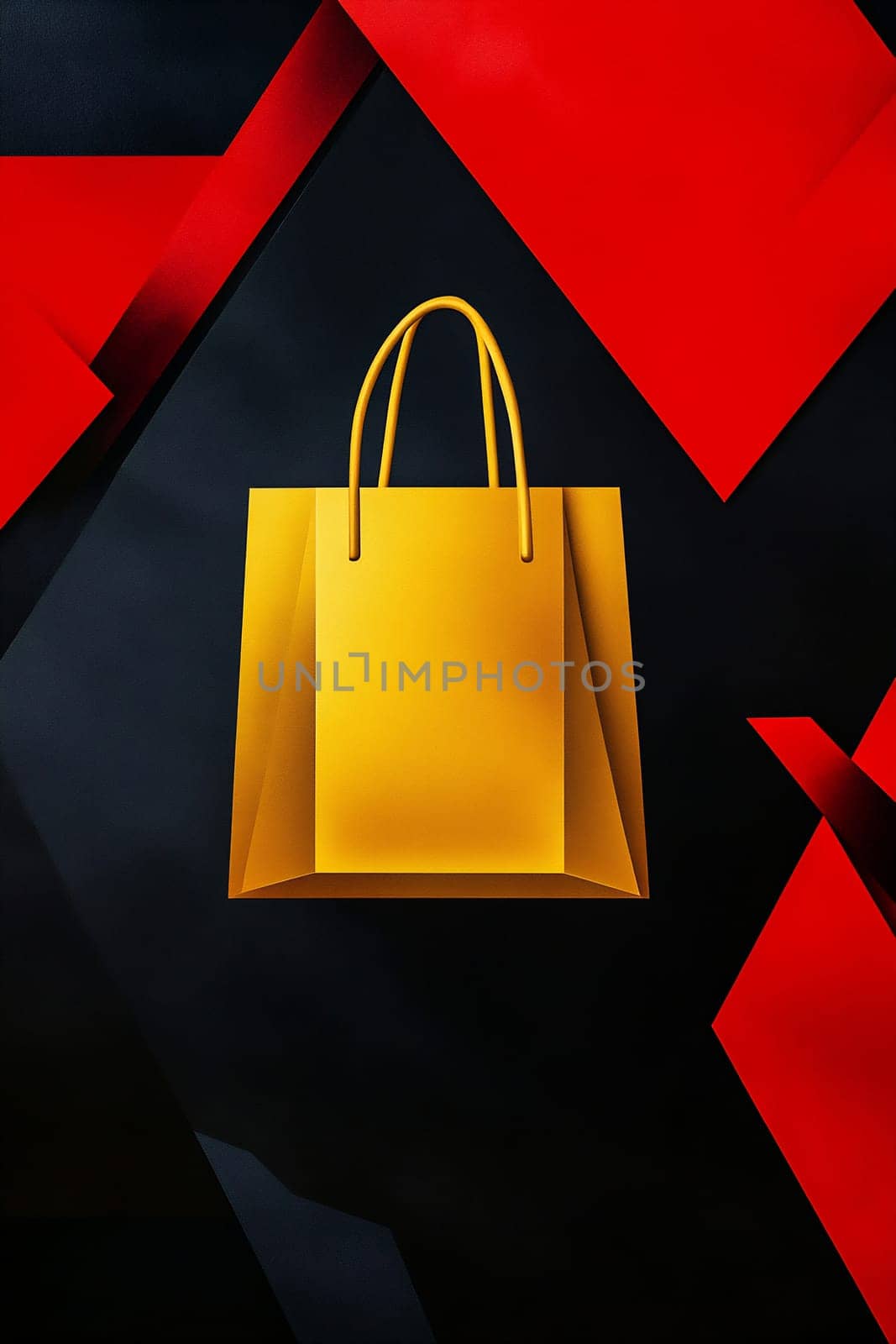 A yellow shopping bag floats on a vivid red geometric background, showcasing a striking contrast designed for a modern shopping aesthetic.