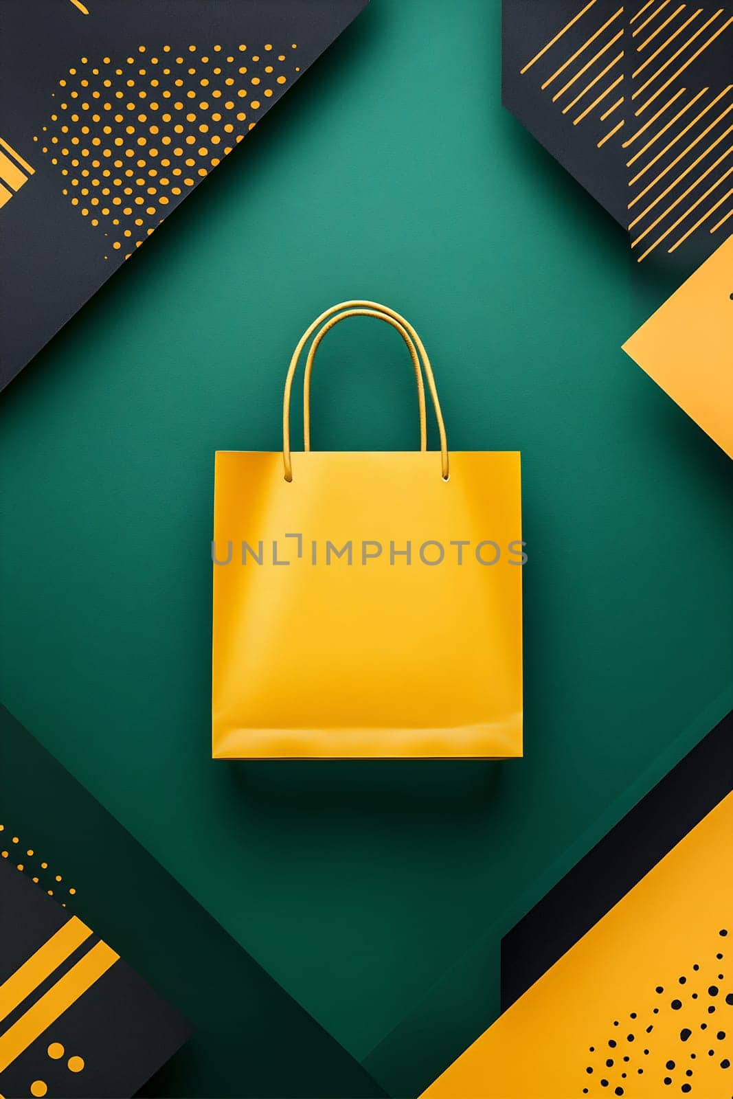 A bright yellow shopping bag stands centered against a bold green backdrop, surrounded by graphic patterns in black and yellow.