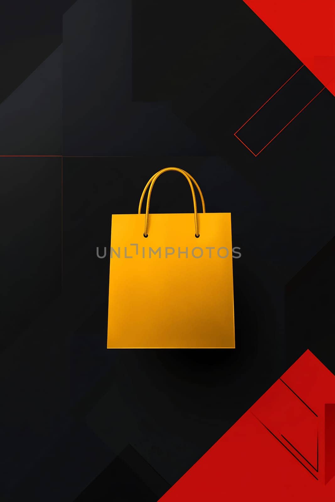 A yellow shopping bag hangs in the center against a dark textured background, creating a striking visual contrast.