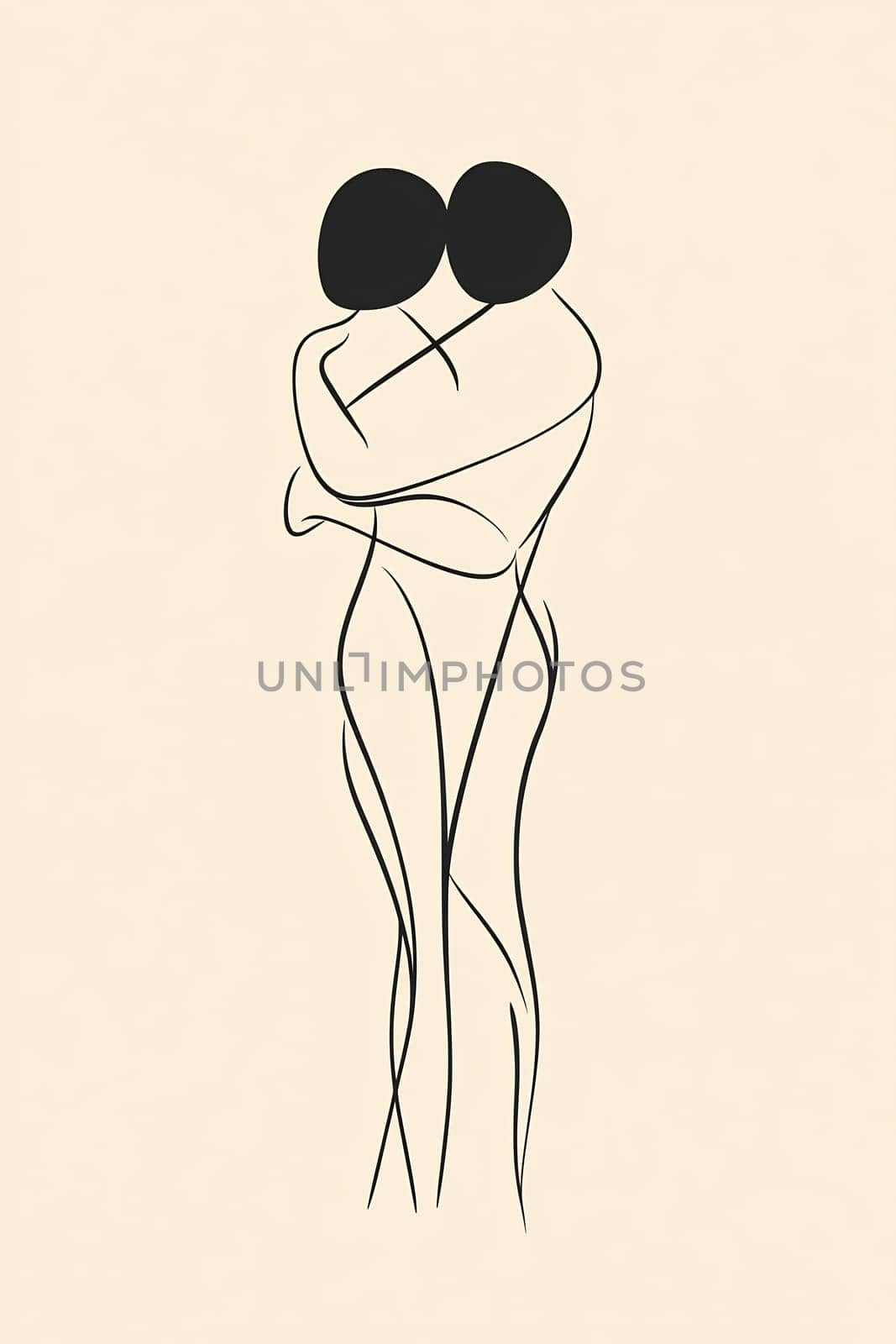 Two minimalist figures intertwine in a loving embrace against a soft background, capturing intimacy and connection through simple lines.