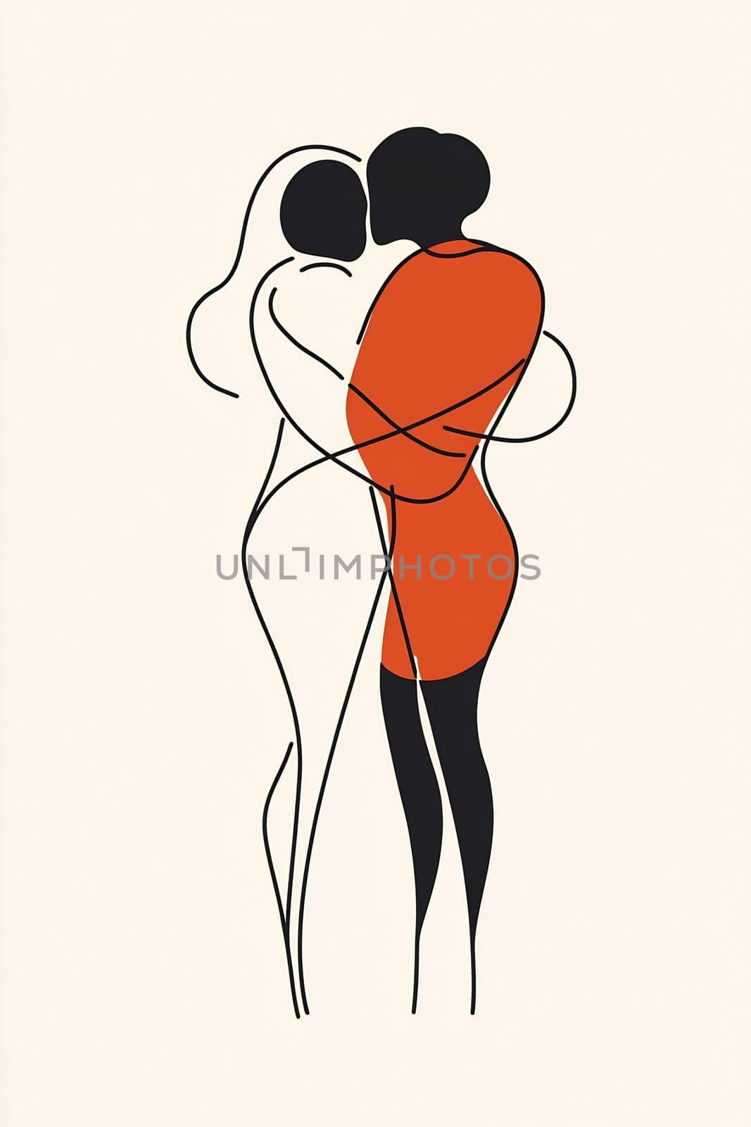 Two abstract figures engage in a heartfelt embrace, showcasing connection and intimacy through simple lines and bold colors.