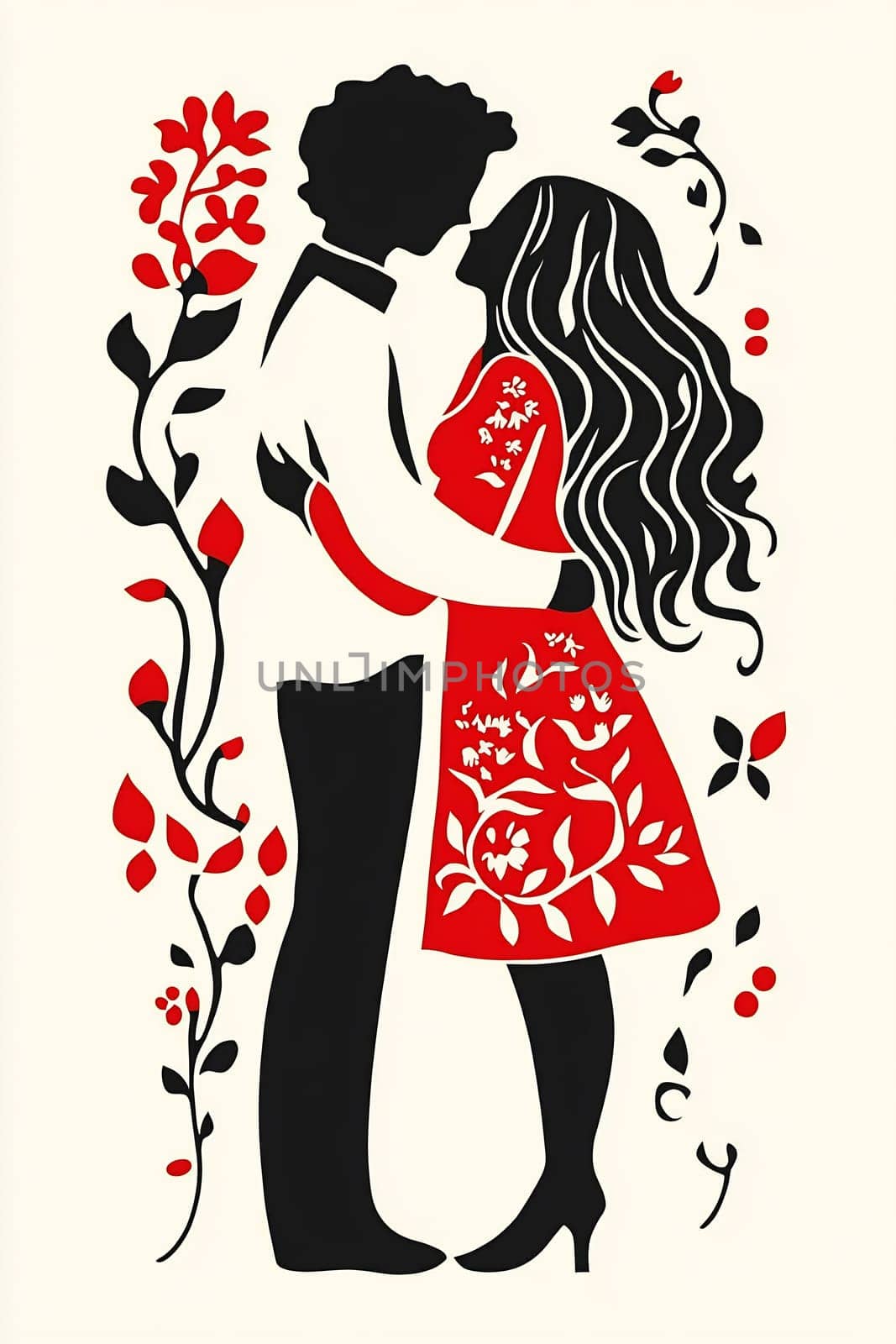 A couple shares a tender moment, surrounded by floral designs, showcasing love and affection in a striking contrast of colors.