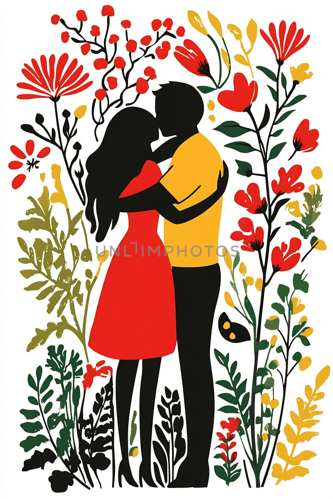 A couple in a loving embrace stands in front of vibrant floral designs, capturing a moment of romance and connection in nature.