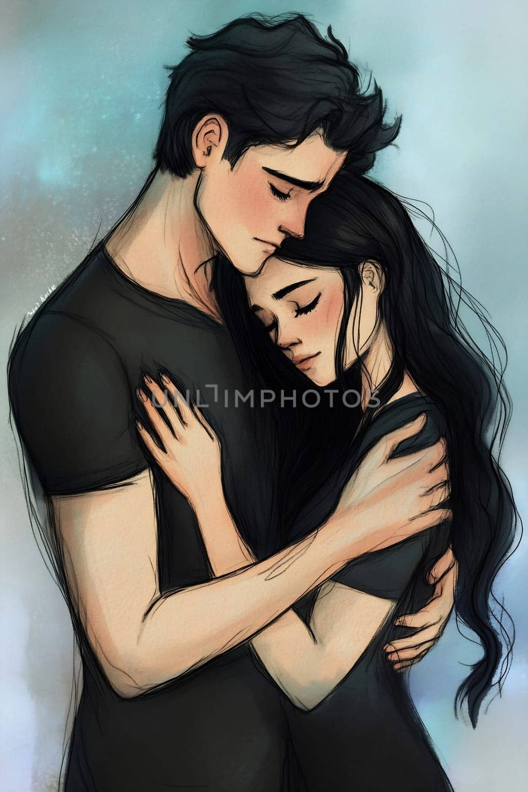 A couple shares a tender moment, eyes closed, lost in each other's arms, conveying deep emotion and connection.