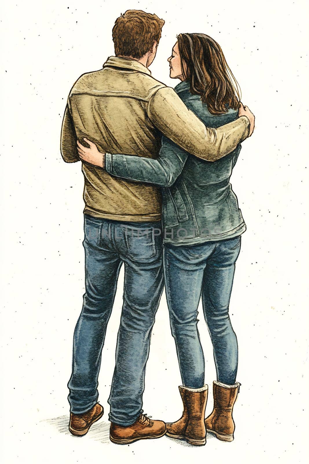 Two individuals are enjoying a warm embrace, showing affection while standing closely together in a relaxed posture.