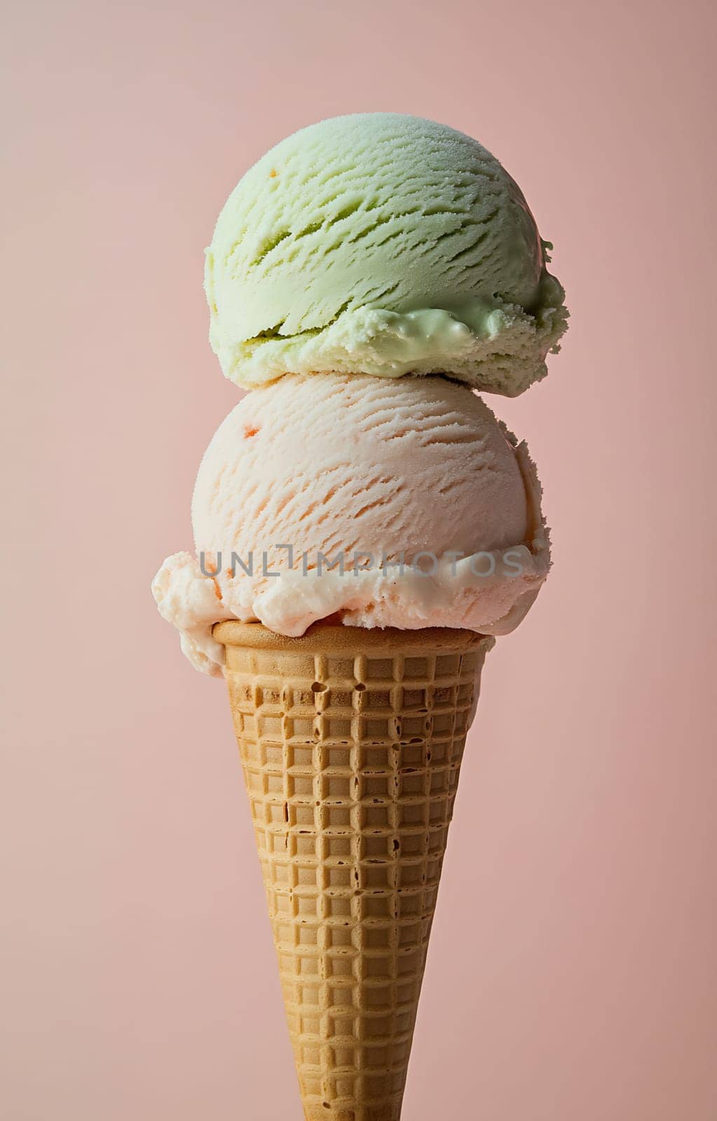 A tall ice cream cone features two scoops of pastel green and pink flavors, set against a soft pink background.