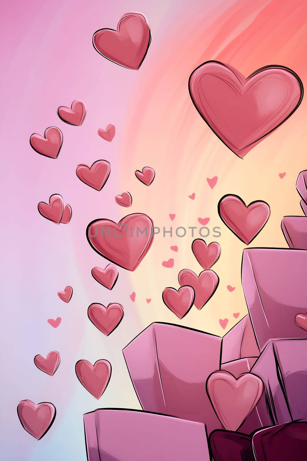 Colorful gifts sit below floating pink hearts on a soft pastel background, creating a whimsical atmosphere of love and celebration.