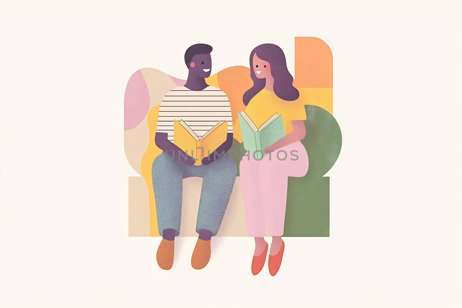 Two people read books side by side on a colorful couch in a cozy indoor setting, sharing a joyful moment.