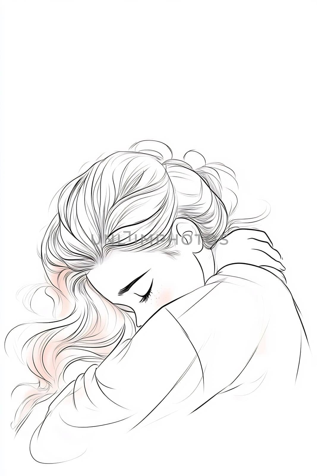 A girl with flowing hair rests her head on her arms, lost in thought and reflecting on her feelings in a serene atmosphere.