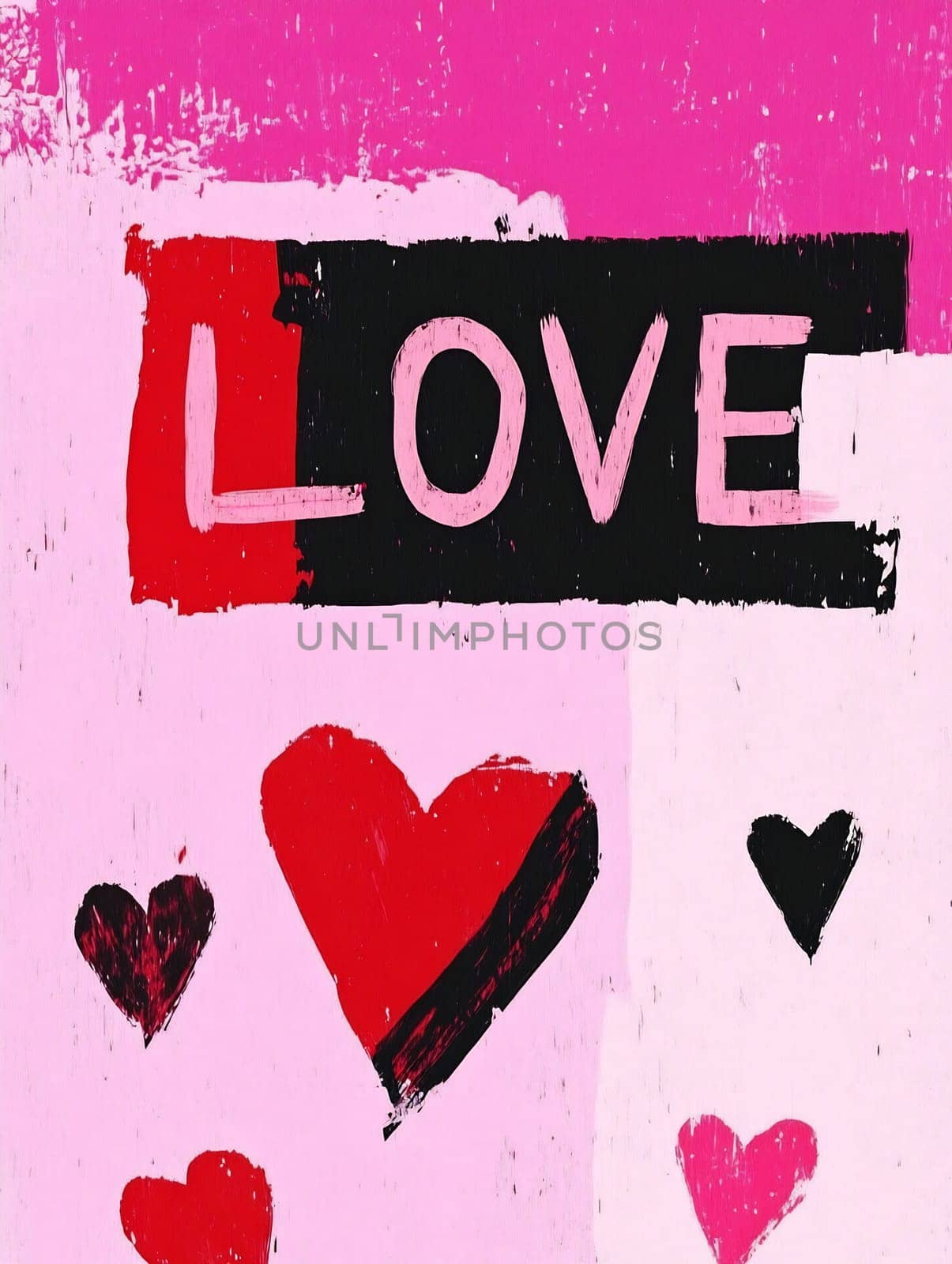 Bright artwork featuring the word love with red hearts on a pink background evokes feelings of affection and joy.