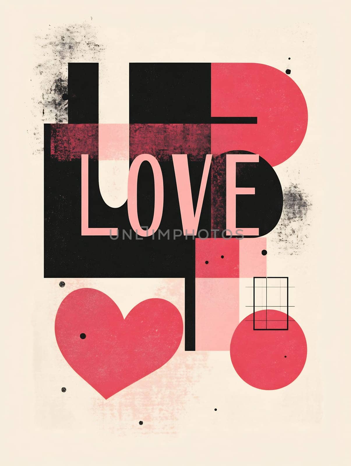 Bold shapes and colors blend to express love in a contemporary artwork featuring graphic elements and vibrant tones.